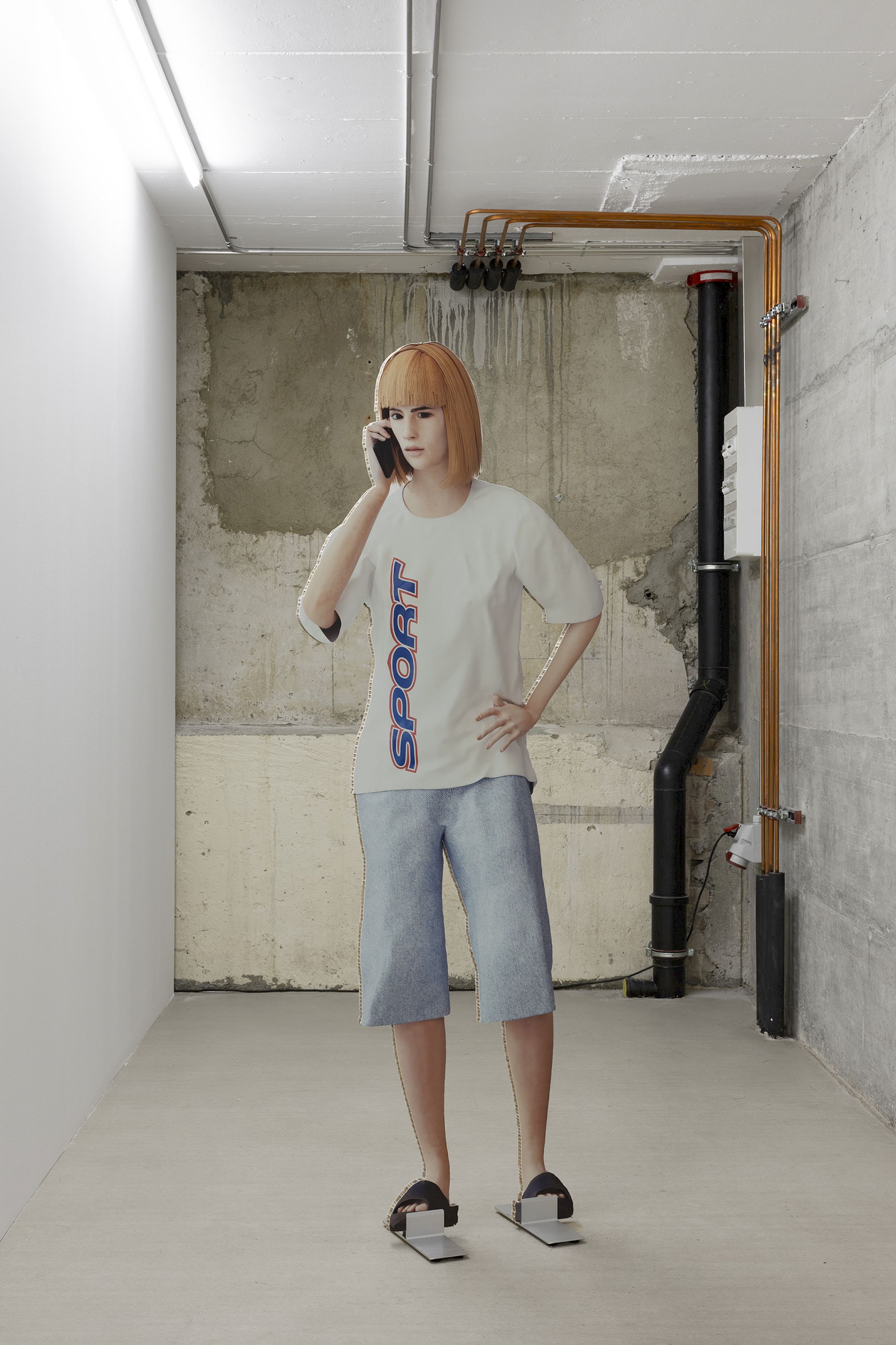 Exhibition View Group Show «Wear a mask and your face grows to fit it ; view on SPORT, SPORT NPC-Model 1–3, CGI, UV-print on honeycomb cardboard, various dimensions» at For, Basel, 2025 / Photo: Gina Folly / Courtesy: the artists and For