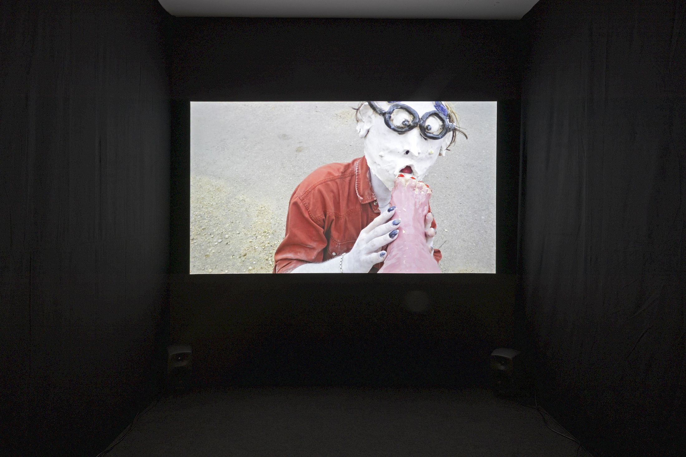 Exhibition View Group Show «Wear a mask and your face grows to fit it ; view on Leon Höllhumer, Parrot the Parent, 2023, short movie, 18 minutes» at For, Basel, 2025 / Photo: Gina Folly / Courtesy: the artists and For
