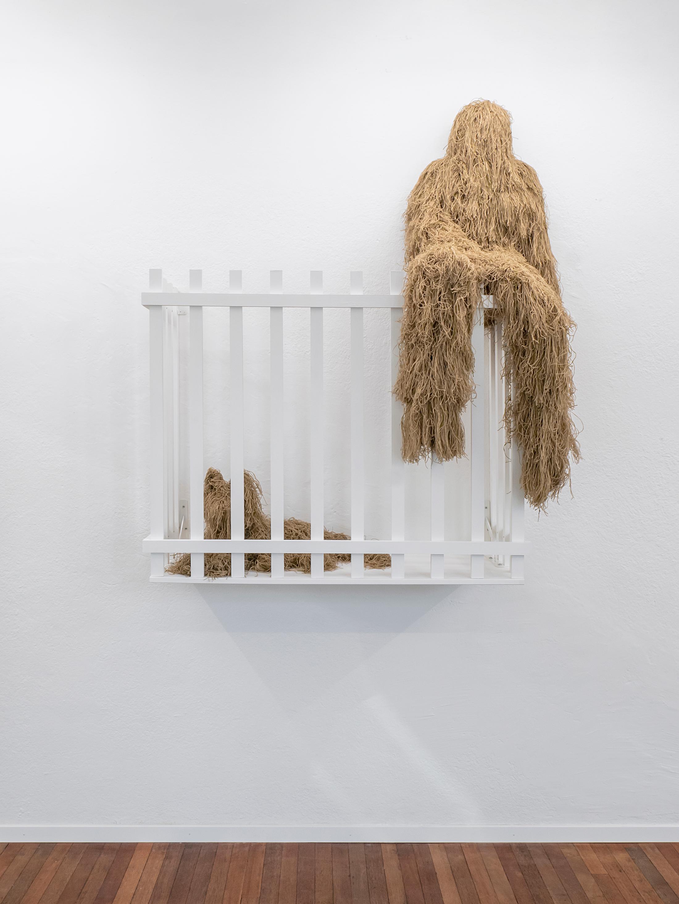 Exhibition View Solo Show Adam Cruces «Necessary Evil; view on Adam Cruces, Balcony, 2024, Acrylic, polyurethane, ghillie suits, wood, 170 x 139 x 70 cm» at Blue Velvet, Zurich, 2024 / Photo: Flavio Karrer / Courtesy: The artist and Blue Velvet