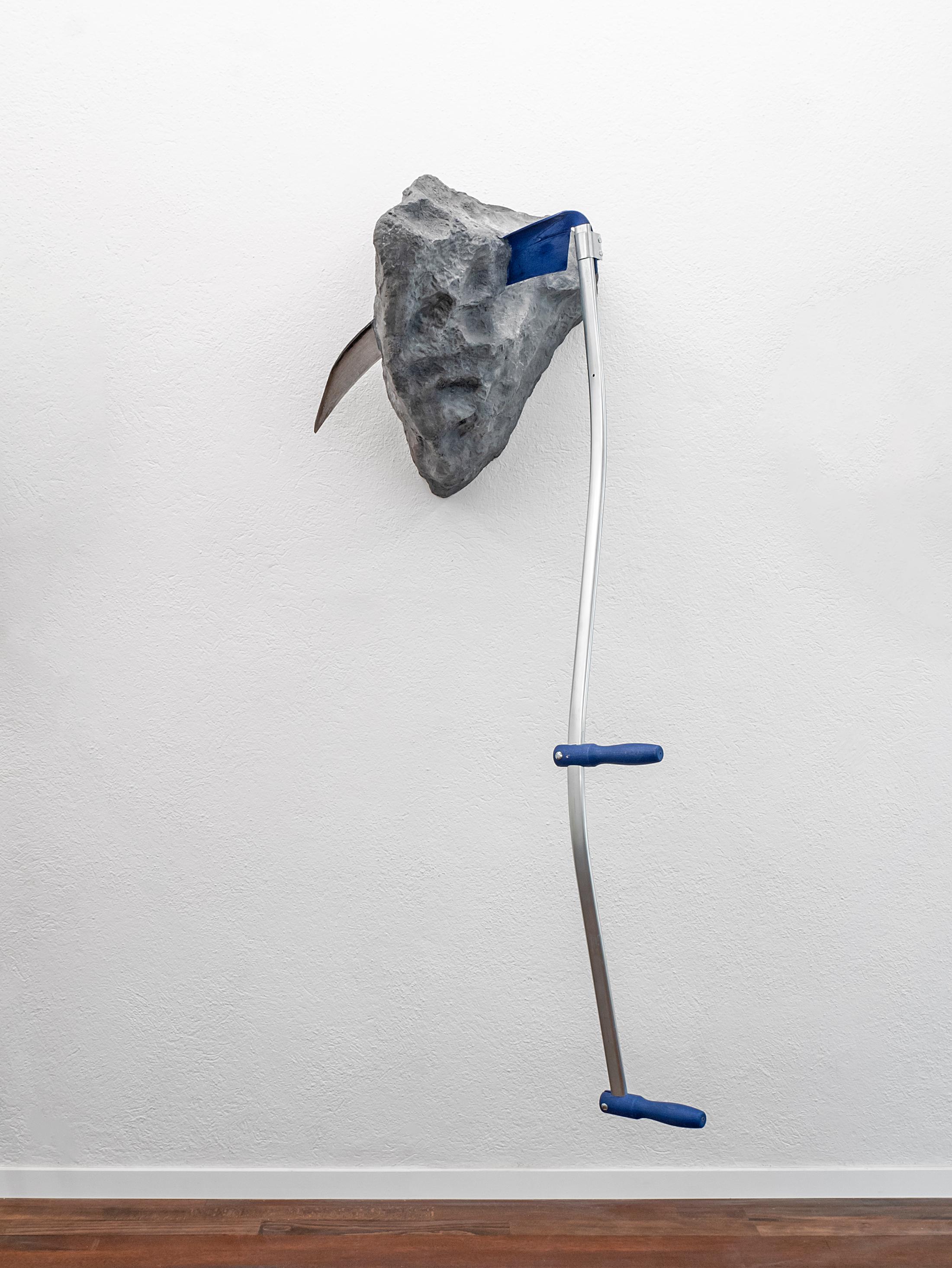 Exhibition View Solo Show Adam Cruces «Necessary Evil; view on Adam Cruces, Scythe in the Stone (Blue), 2024, Scythe, acrylic, fiberglass, 150 x 70 x 75 cm» at Blue Velvet, Zurich, 2024 / Photo: Flavio Karrer / Courtesy: The artist and Blue Velvet
