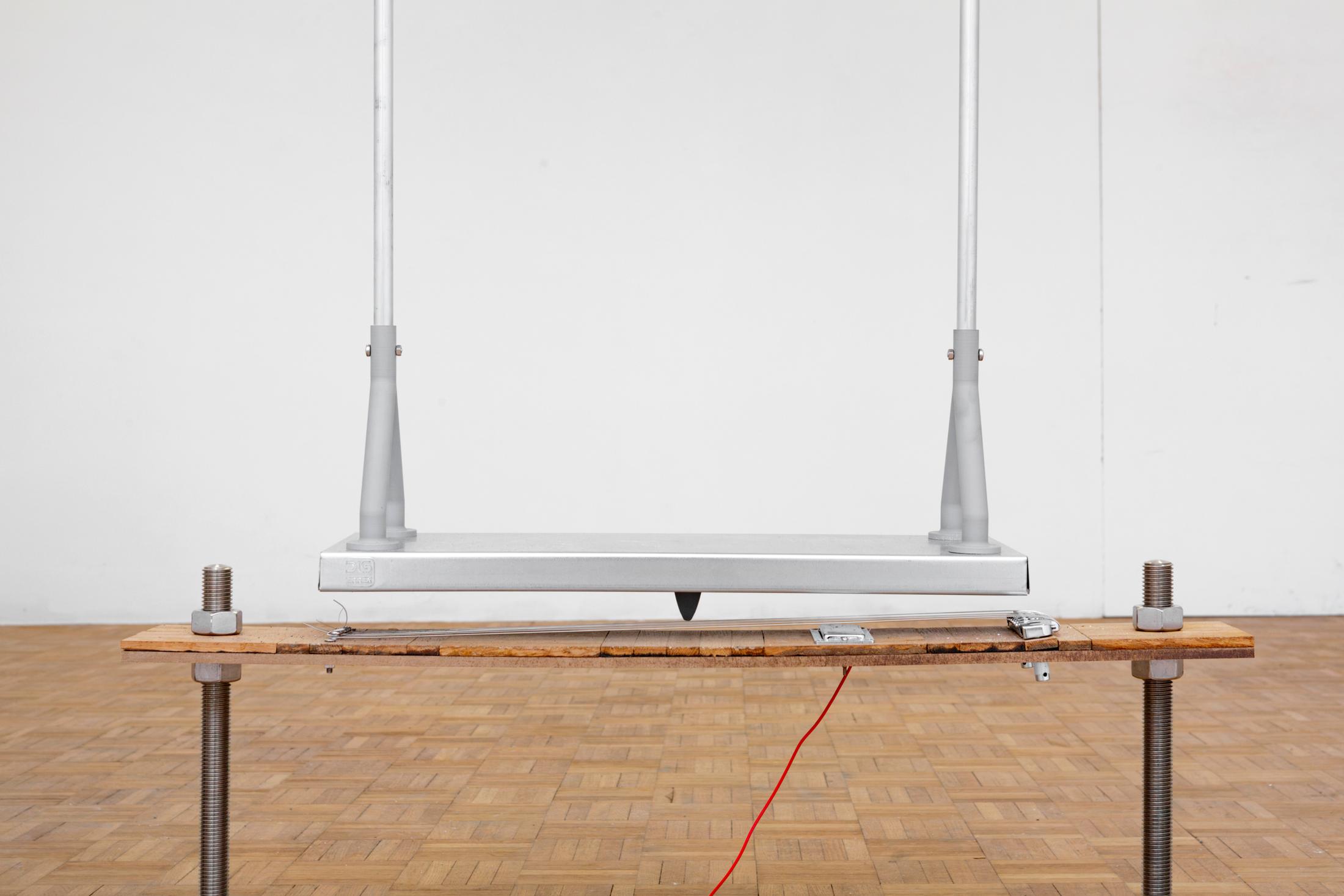 Exhibition View Solo Show alfatih «l’enfant terrible; view on toccata, samuel, 2024, wood, guitar components, levelling feet, 80 × 12 × 34cm and toccata, x, 2024, wood, guitar components, levelling feet, 80 × 12 × 34cm» at Sentiment, Zurich-Oerlikon, 2024 / Photo: Philipp Rupp and Julien Gremaud / Courtesy: the artist and Sentiment