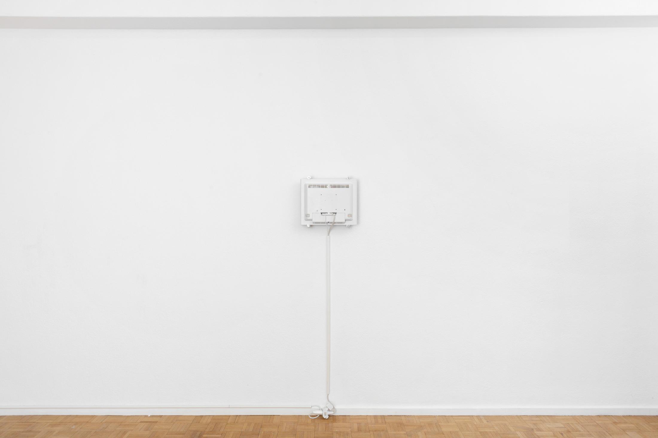 Exhibition View Solo Show alfatih «l’enfant terrible; view on trickster, 2024, led screen, 38.5 × 32cm, Screening Lazers by Andrew Dembling, 2016, 22 min live action narrative, screening every 20 minutes» at Sentiment, Zurich-Oerlikon, 2024 / Photo: Philipp Rupp and Julien Gremaud / Courtesy: the artist and Sentiment