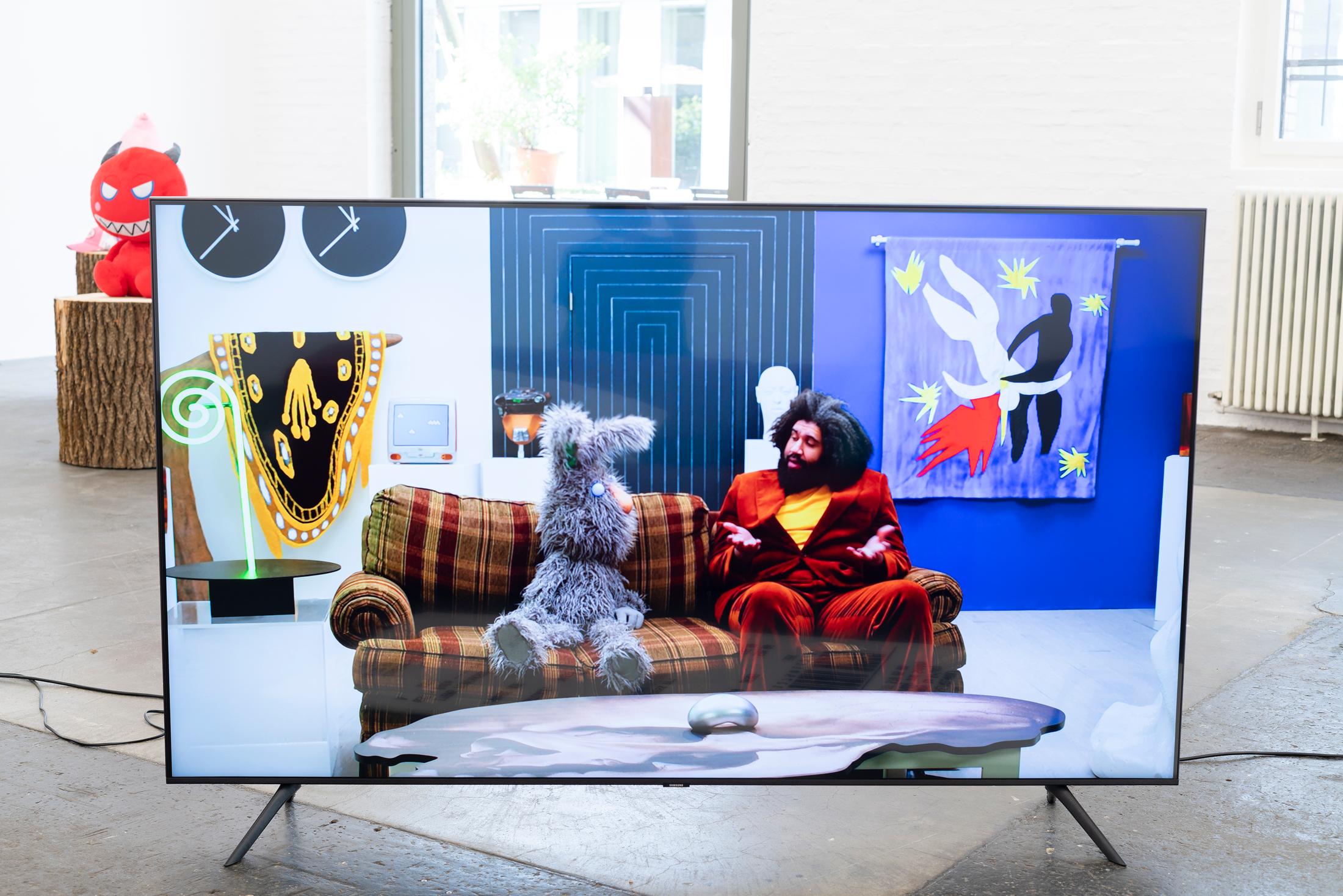 Exhibition View Group Show «ALL I EAT IN A DAY; view on Jayson Musson, His History of
Art (episode 3), 2022» at Kunst Halle Sankt Gallen, Sankt Gallen, 2024 / Photo: E. Sommer / Courtesy: the artist