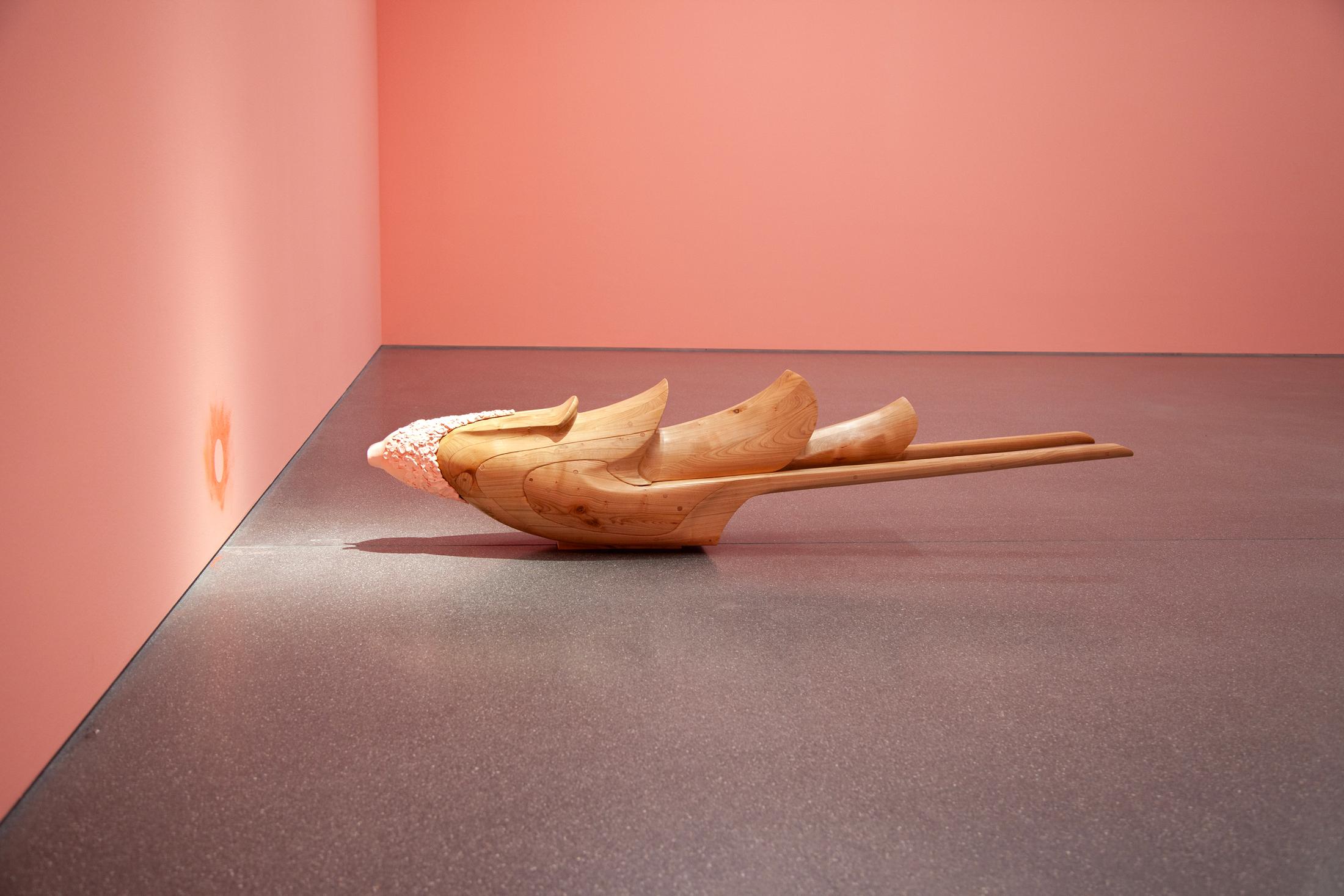 Exibition View Solo Show Bianca Barandun «Ghost Note; view on Ghost Note II, cherry wood, ceramic and pigments, 30 x 180 x 50 cm, 2024» at Bündner Kunstmuseum Chur, Chur, 2025 / Photo: Thomas Strub / Courtesy: the artist and Bündner Kunstmuseum