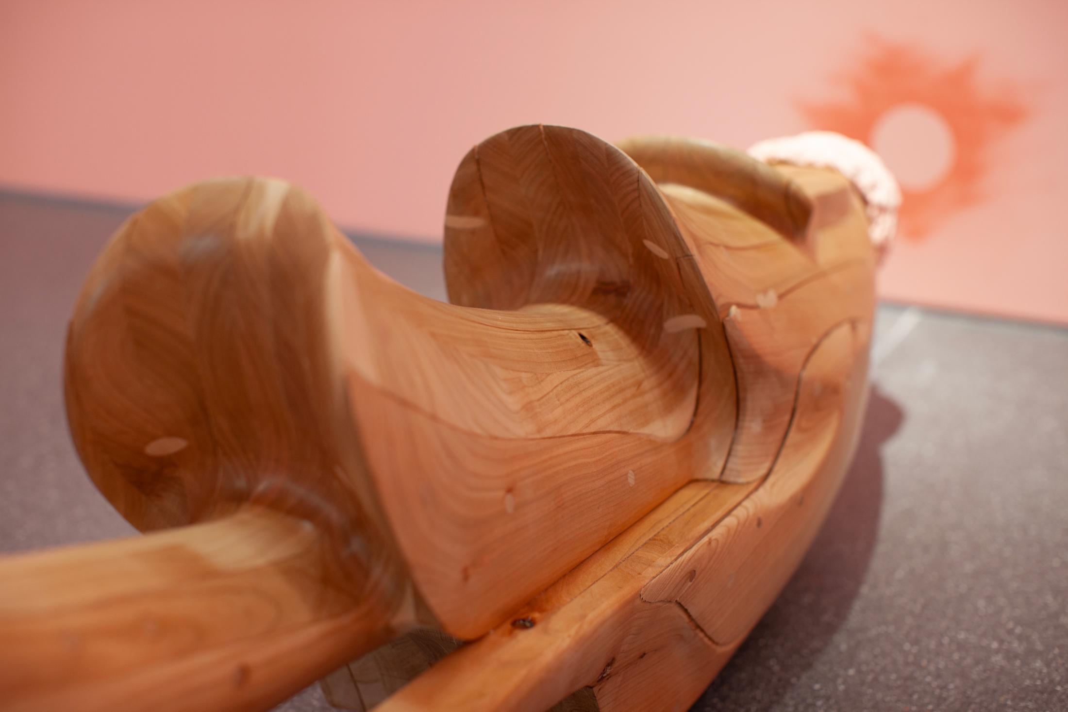 Exibition View Solo Show Bianca Barandun «Ghost Note; view on Ghost Note II (Detail), cherry wood, ceramic and pigments, 30 x 180 x 50 cm, 2024» at Bündner Kunstmuseum Chur, Chur, 2025 / Photo: Thomas Strub / Courtesy: the artist and Bündner Kunstmuseum