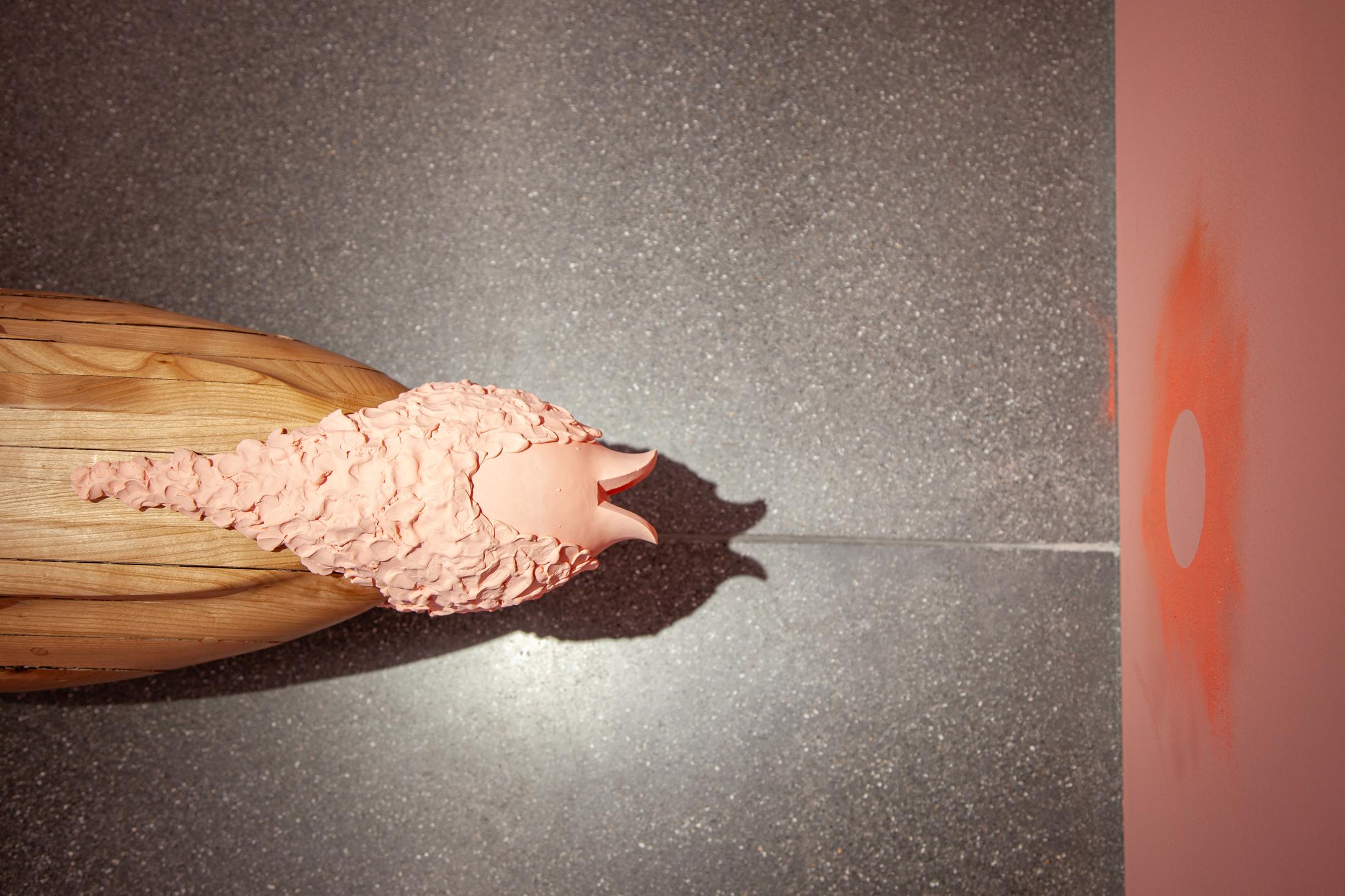 Exibition View Solo Show Bianca Barandun «Ghost Note; view on Ghost Note II (Detail), cherry wood, ceramic and pigments, 30 x 180 x 50 cm, 2024» at Bündner Kunstmuseum Chur, Chur, 2025 / Photo: Thomas Strub / Courtesy: the artist and Bündner Kunstmuseum