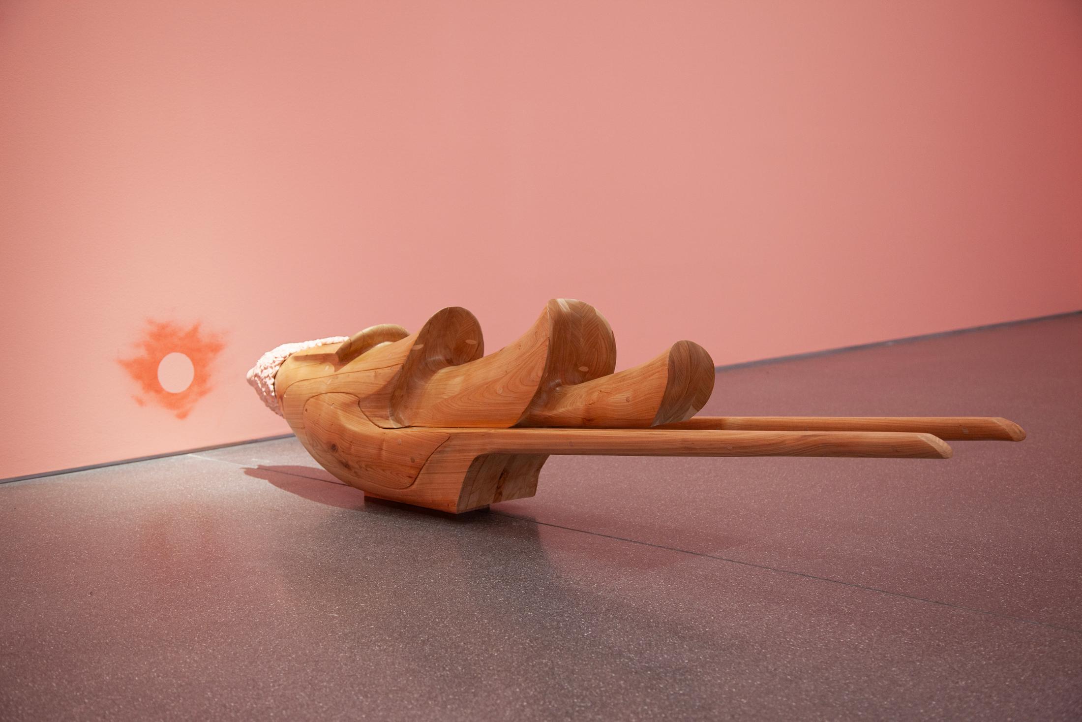 Exibition View Solo Show Bianca Barandun «Ghost Note; view on Ghost Note II, cherry wood, ceramic and pigments, 30 x 180 x 50 cm, 2024» at Bündner Kunstmuseum Chur, Chur, 2025 / Photo: Thomas Strub / Courtesy: the artist and Bündner Kunstmuseum