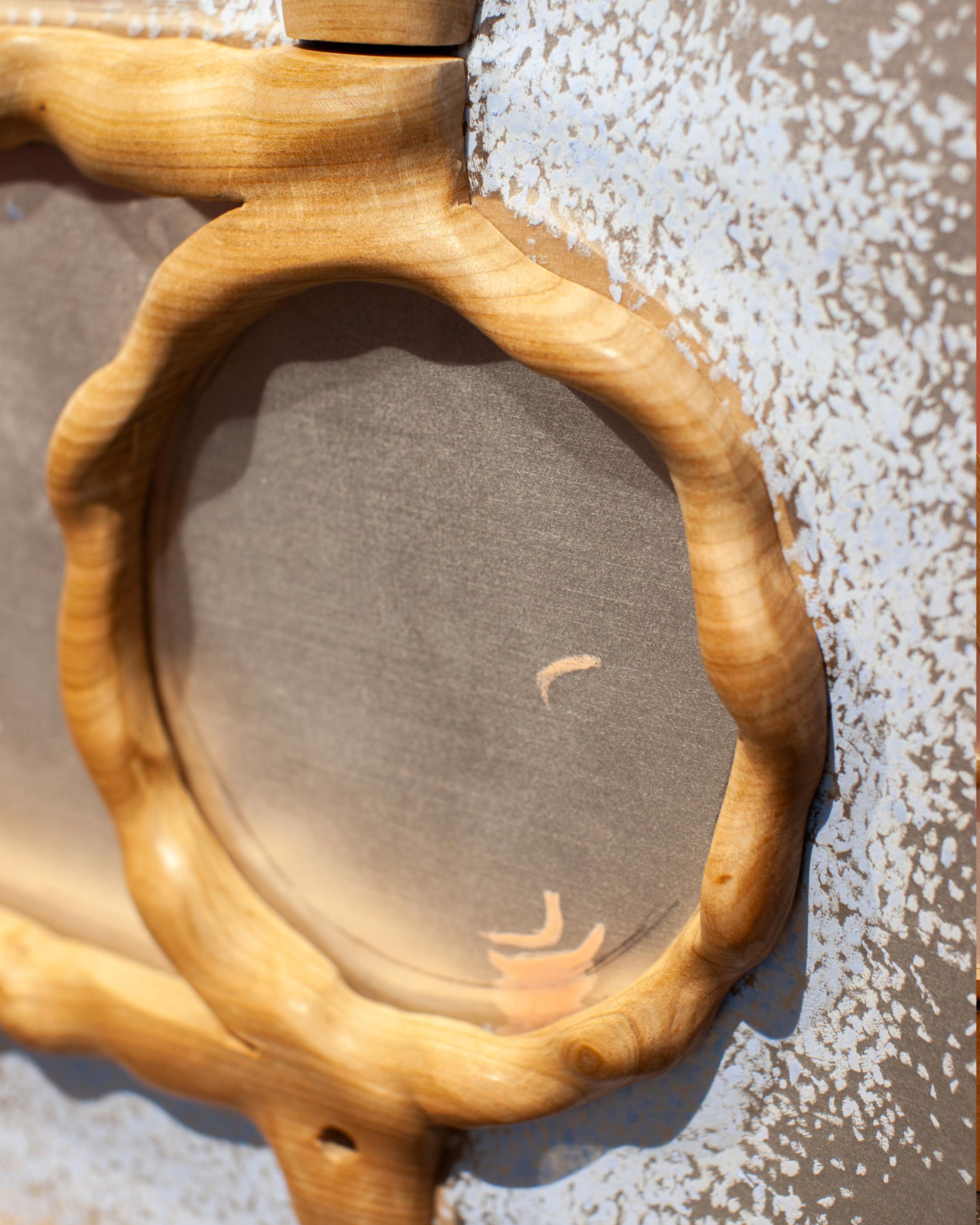 Exibition View Solo Show Bianca Barandun «Ghost Note; view on Ghost Note (Detail), cherry wood, oil stick, organza, ceramics, pigments, 16.60 x 9.50 x 3.50 m, 2024» at Bündner Kunstmuseum Chur, Chur, 2025 / Photo: Thomas Strub / Courtesy: the artist and Bündner Kunstmuseum