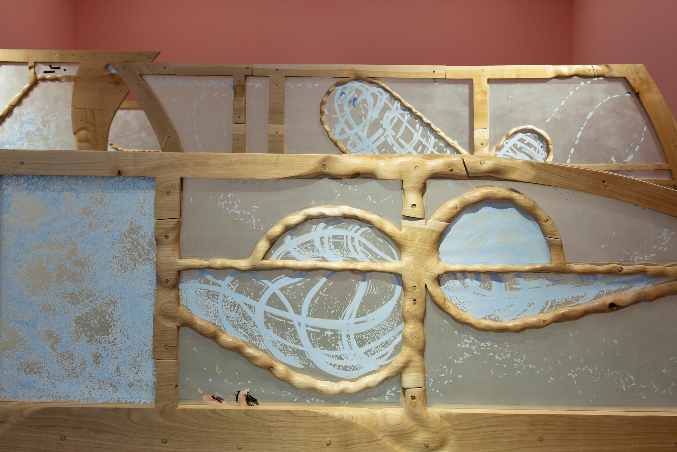 Exibition View Solo Show Bianca Barandun «Ghost Note; view on Ghost Note, cherry wood, oil stick, organza, ceramics, pigments, 16.60 x 9.50 x 3.50 m, 2024» at Bündner Kunstmuseum Chur, Chur, 2025 / Photo: Thomas Strub / Courtesy: the artist and Bündner Kunstmuseum