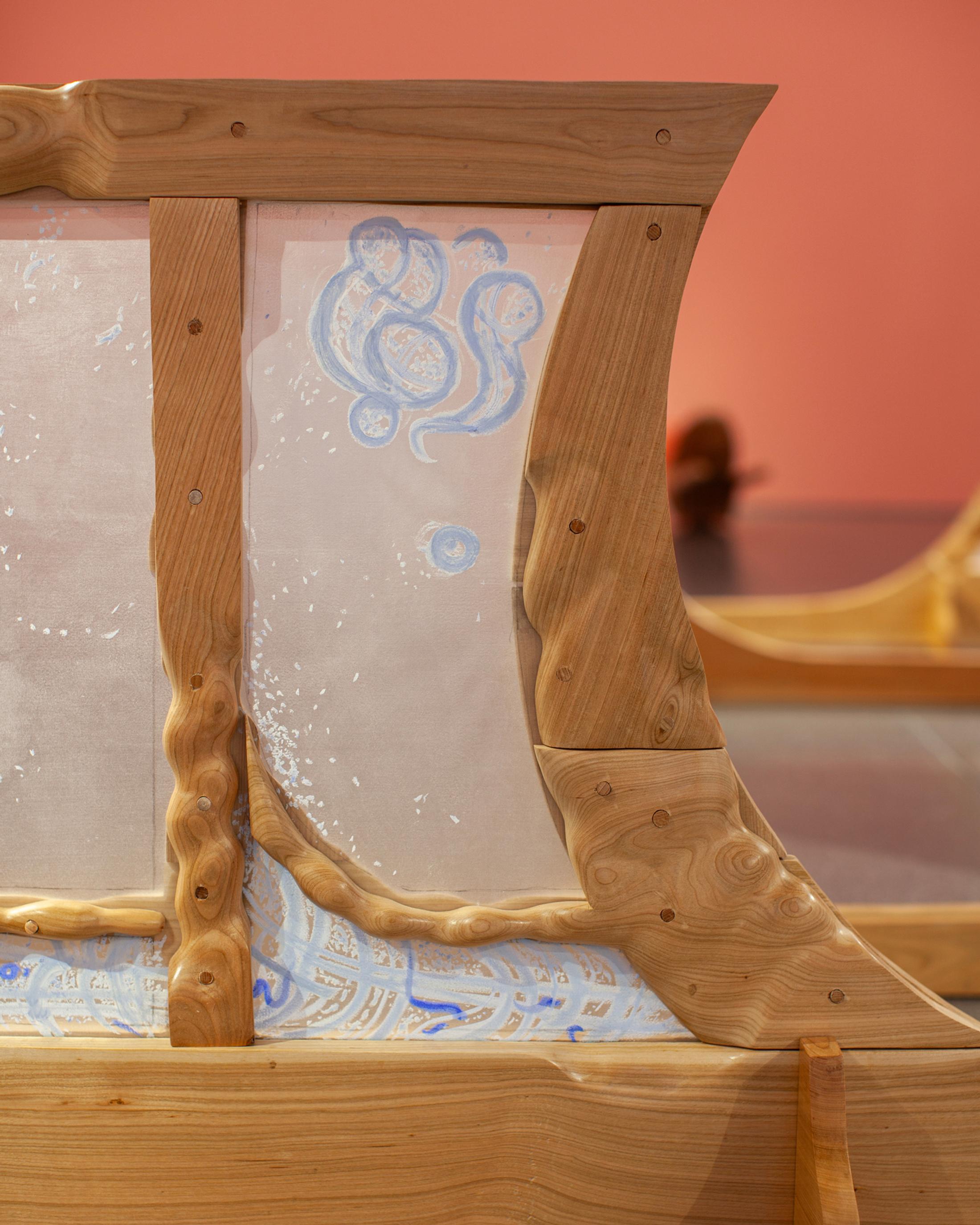 Exibition View Solo Show Bianca Barandun «Ghost Note; view on Ghost Note (Detail), cherry wood, oil stick, organza, ceramics, pigments, 16.60 x 9.50 x 3.50 m, 2024» at Bündner Kunstmuseum Chur, Chur, 2025 / Photo: Thomas Strub / Courtesy: the artist and Bündner Kunstmuseum