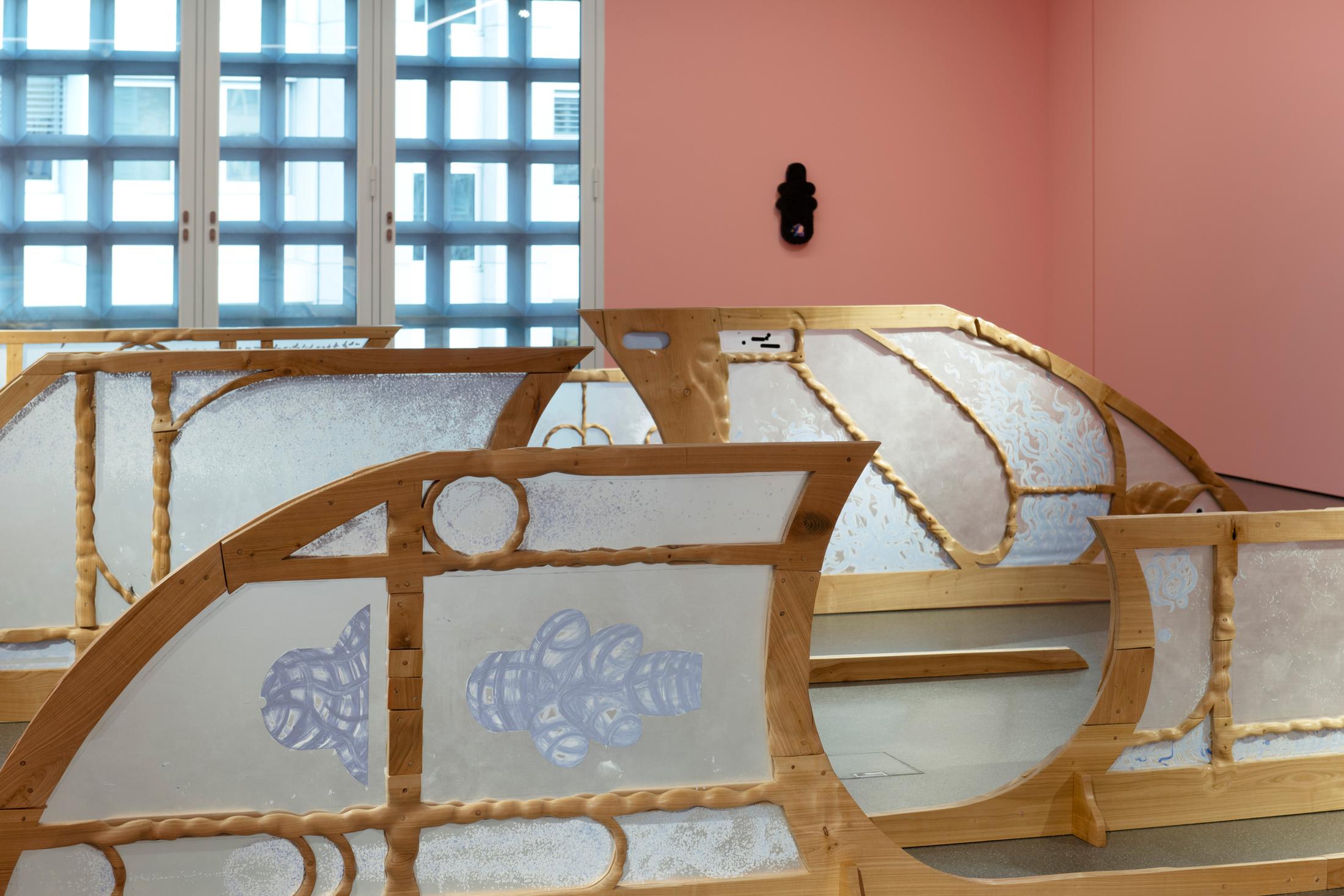 Exibition View Solo Show Bianca Barandun «Ghost Note; view on Ghost Note, cherry wood, oil stick, organza, ceramics, pigments, 16.60 x 9.50 x 3.50 m, 2024» at Bündner Kunstmuseum Chur, Chur, 2025 / Photo: Thomas Strub / Courtesy: the artist and Bündner Kunstmuseum