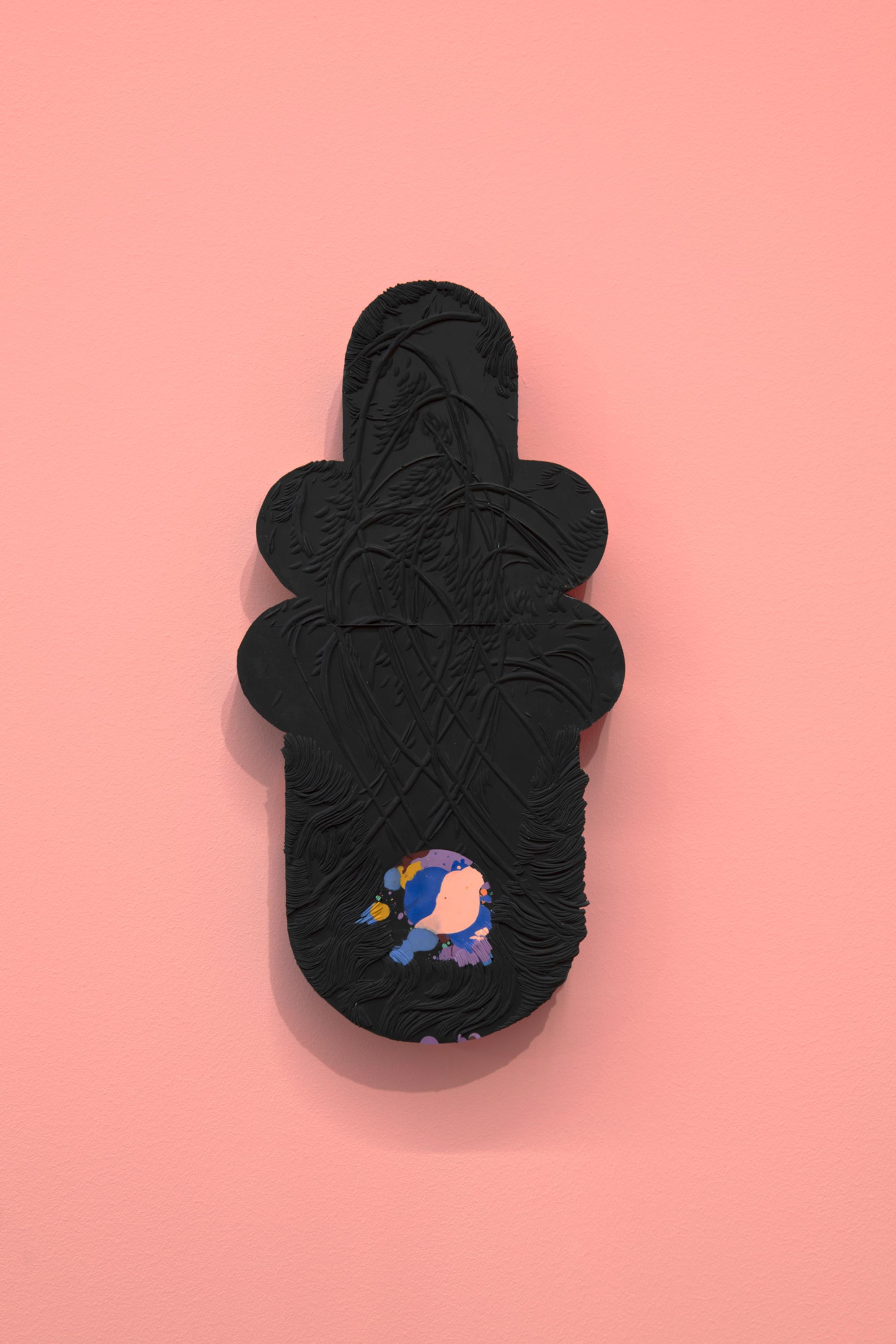 Exibition View Solo Show Bianca Barandun «Ghost Note; view on Ghost Note III, ceramic and pigment 50 x 25.5 x 4.5 cm, 2024» at Bündner Kunstmuseum Chur, Chur, 2025 / Photo: Thomas Strub / Courtesy: the artist and Bündner Kunstmuseum