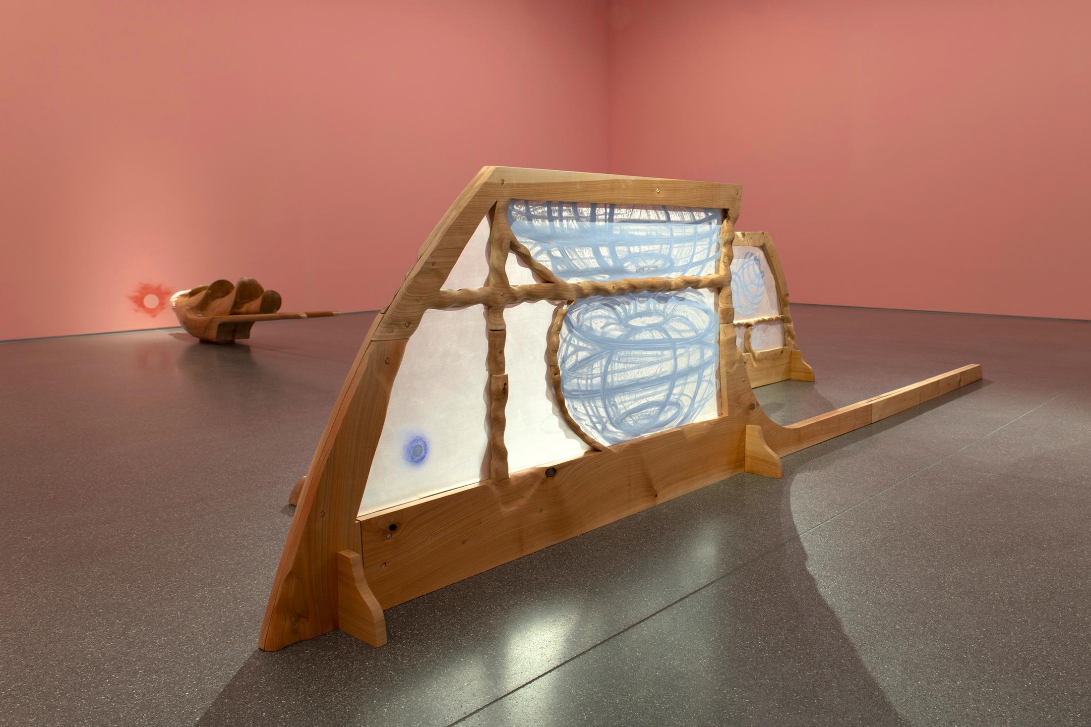 Exibition View Solo Show Bianca Barandun «Ghost Note; view on Ghost Note, cherry wood, oil stick, organza, ceramics, pigments, 16.60 x 9.50 x 3.50 m, 2024» at Bündner Kunstmuseum Chur, Chur, 2025 / Photo: Thomas Strub / Courtesy: the artist and Bündner Kunstmuseum