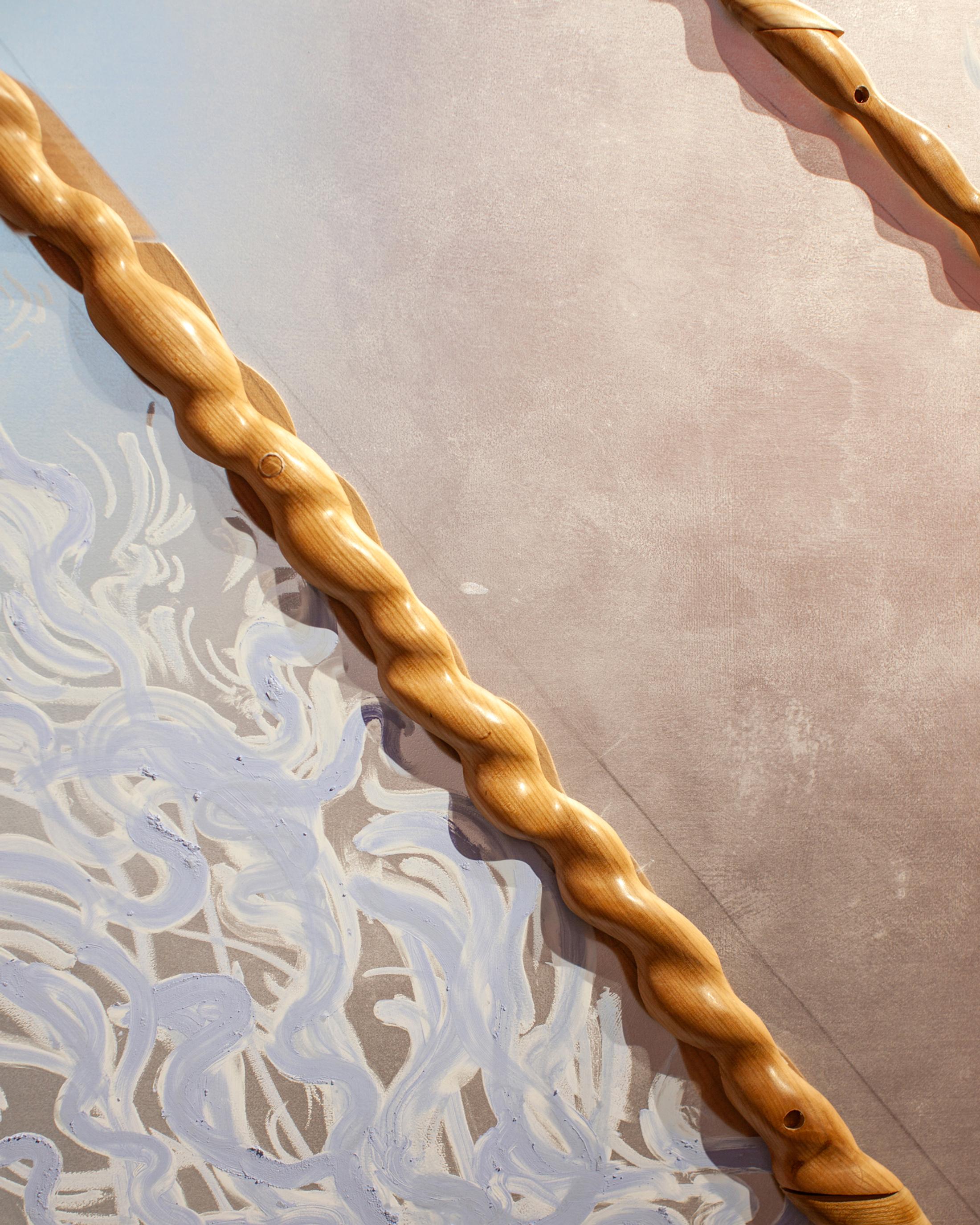 Exibition View Solo Show Bianca Barandun «Ghost Note; view on Ghost Note (Detail), cherry wood, oil stick, organza, ceramics, pigments, 16.60 x 9.50 x 3.50 m, 2024» at Bündner Kunstmuseum Chur, Chur, 2025 / Photo: Thomas Strub / Courtesy: the artist and Bündner Kunstmuseum