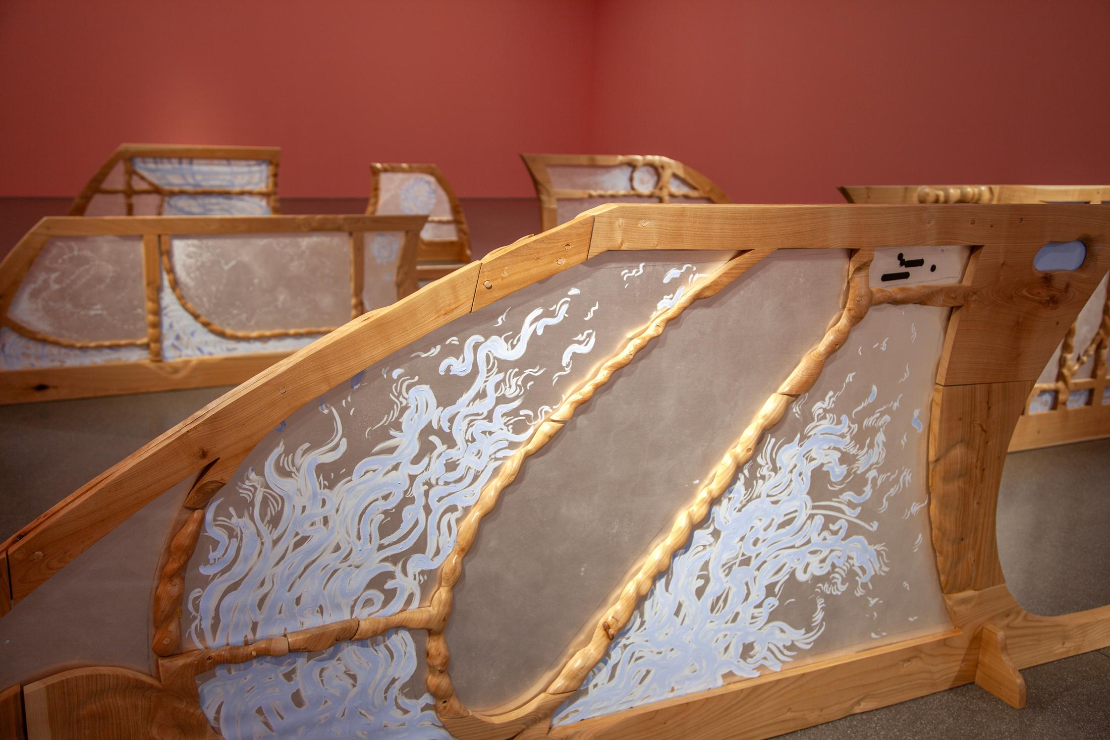 Exibition View Solo Show Bianca Barandun «Ghost Note; view on Ghost Note, cherry wood, oil stick, organza, ceramics, pigments, 16.60 x 9.50 x 3.50 m, 2024» at Bündner Kunstmuseum Chur, Chur, 2025 / Photo: Thomas Strub / Courtesy: the artist and Bündner Kunstmuseum