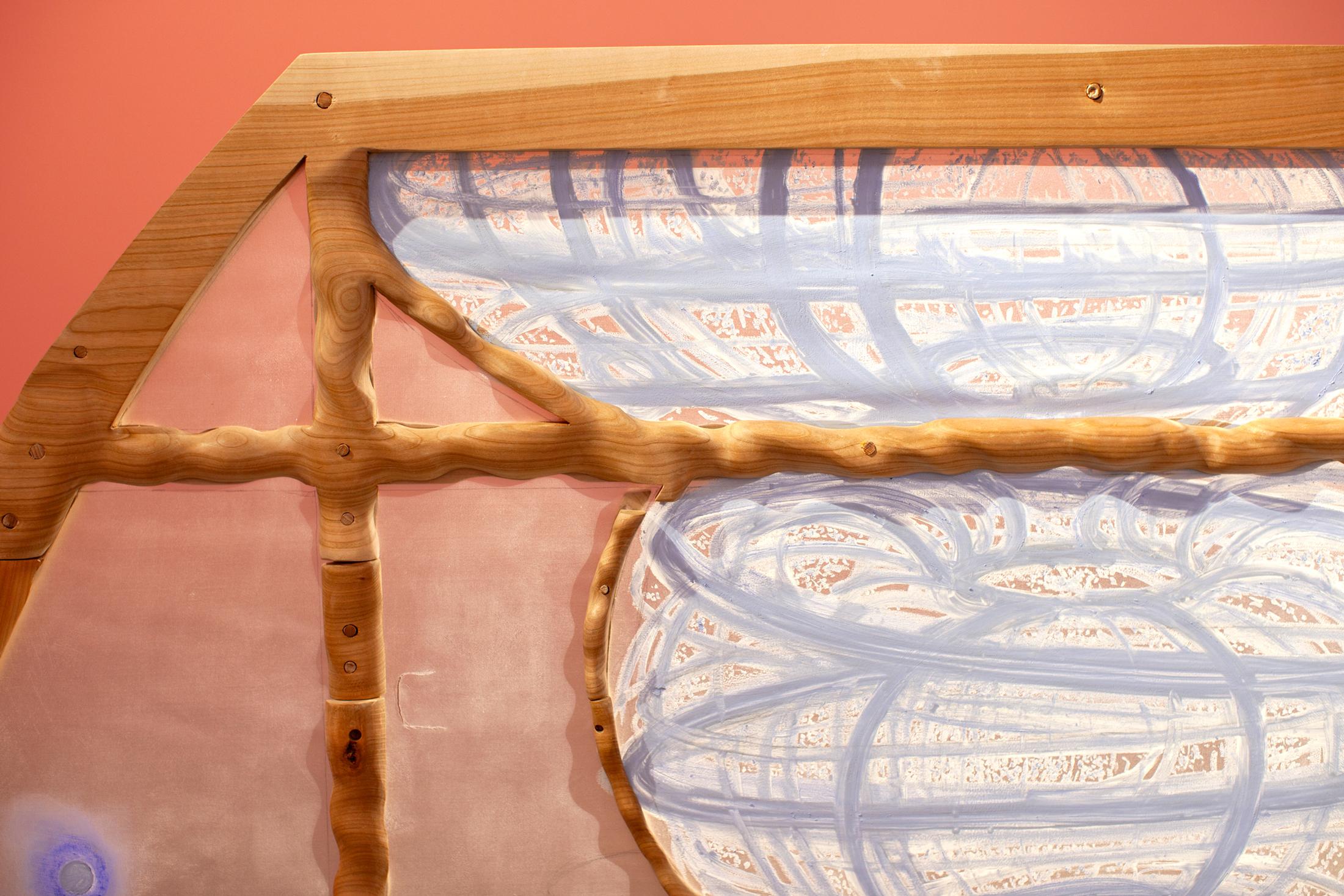 Exibition View Solo Show Bianca Barandun «Ghost Note; view on Ghost Note (Detail), cherry wood, oil stick, organza, ceramics, pigments, 16.60 x 9.50 x 3.50 m, 2024» at Bündner Kunstmuseum Chur, Chur, 2025 / Photo: Thomas Strub / Courtesy: the artist and Bündner Kunstmuseum