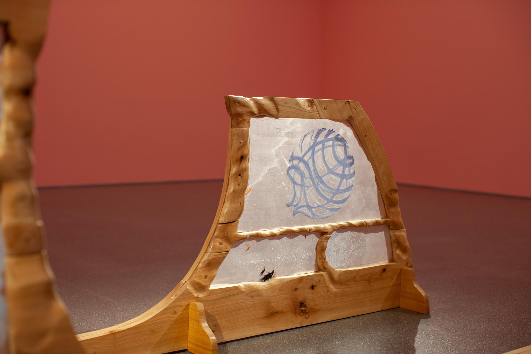 Exibition View Solo Show Bianca Barandun «Ghost Note; view on Ghost Note, cherry wood, oil stick, organza, ceramics, pigments, 16.60 x 9.50 x 3.50 m, 2024» at Bündner Kunstmuseum Chur, Chur, 2025 / Photo: Thomas Strub / Courtesy: the artist and Bündner Kunstmuseum