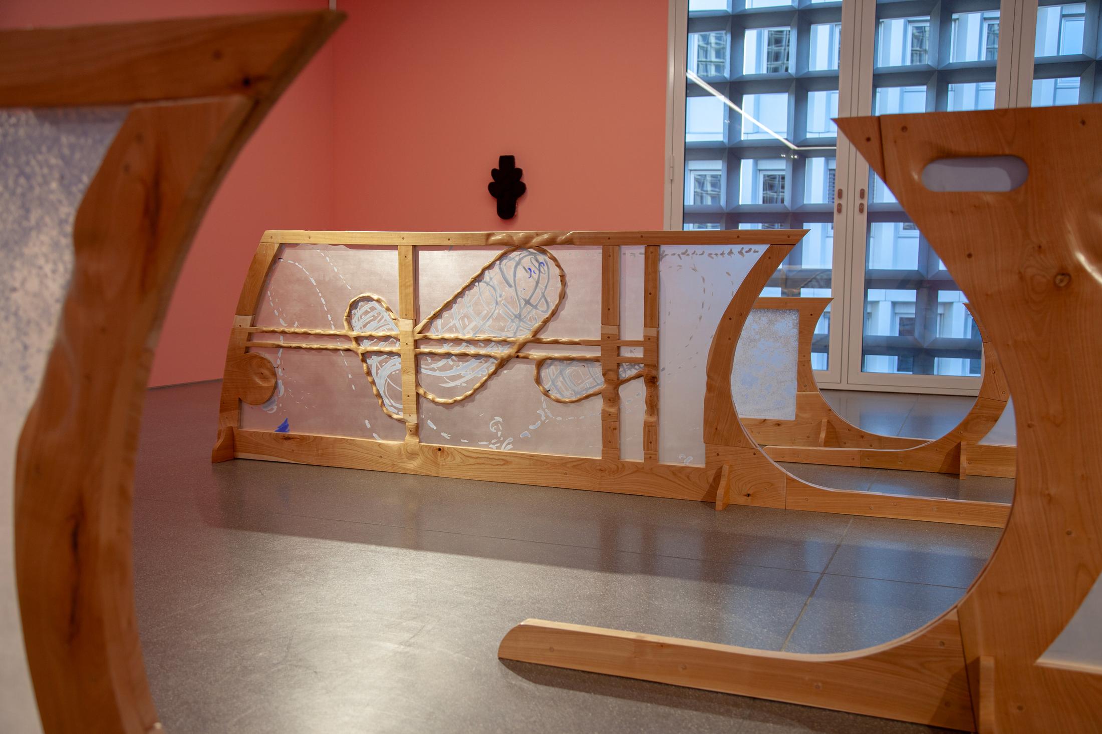 Exibition View Solo Show Bianca Barandun «Ghost Note; view on Ghost Note, cherry wood, oil stick, organza, ceramics, pigments, 16.60 x 9.50 x 3.50m, 2024» at Bündner Kunstmuseum Chur, Chur, 2025 / Photo: Thomas Strub / Courtesy: the artist and Bündner Kunstmuseum