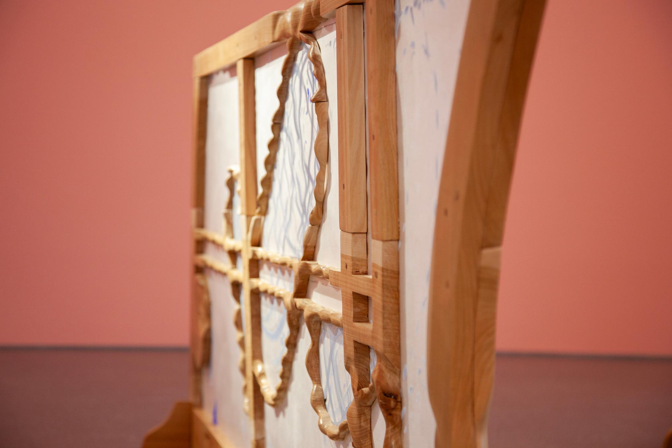 Exibition View Solo Show Bianca Barandun «Ghost Note; view on Ghost Note (Detail), cherry wood, oil stick, organza, ceramics, pigments, 16.60 x 9.50 x 3.50 m, 2024» at Bündner Kunstmuseum Chur, Chur, 2025 / Photo: Thomas Strub / Courtesy: the artist and Bündner Kunstmuseum