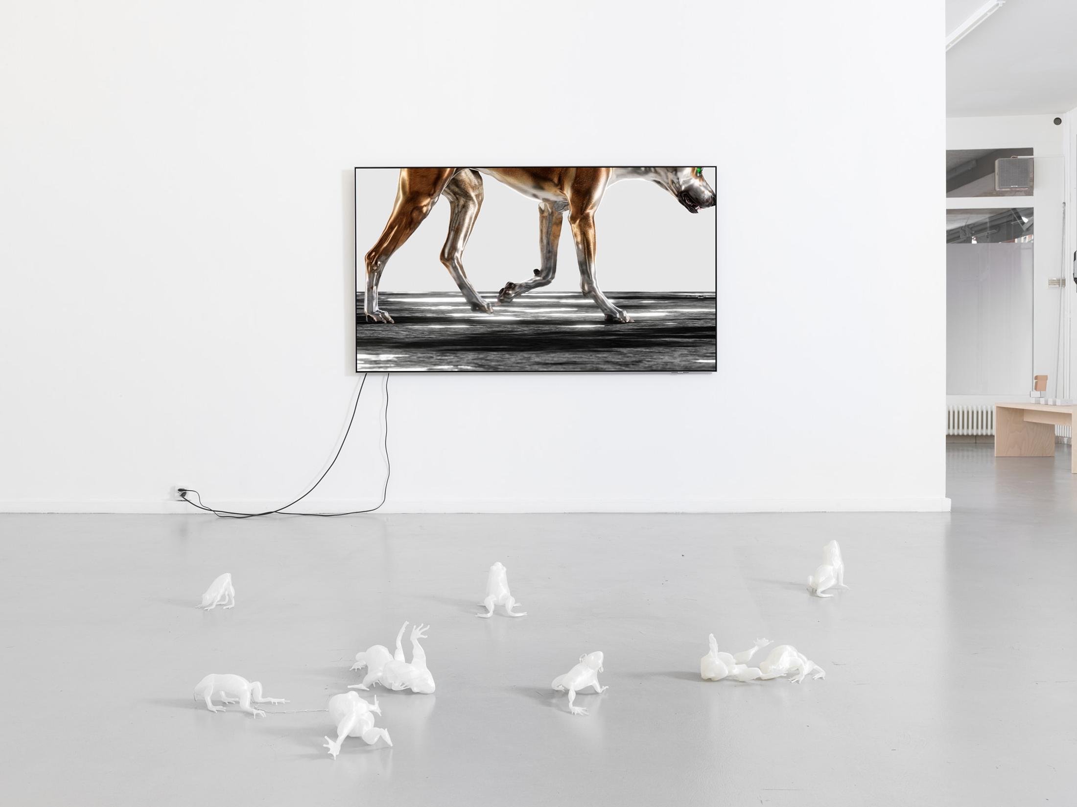 Exhibition View Solo Show Caroline Schattling Villeval «Carences et toute-puissance; view on Caroline Schattling Villeval, When a frog meets a dog, 2024, animation video, colour, 5’, loop» at Centre d'édition contemporaine, Geneva, 2024 / Photo: Sandra Pointet / Courtesy: the artist and Centre d'édition contemporaine, Geneva