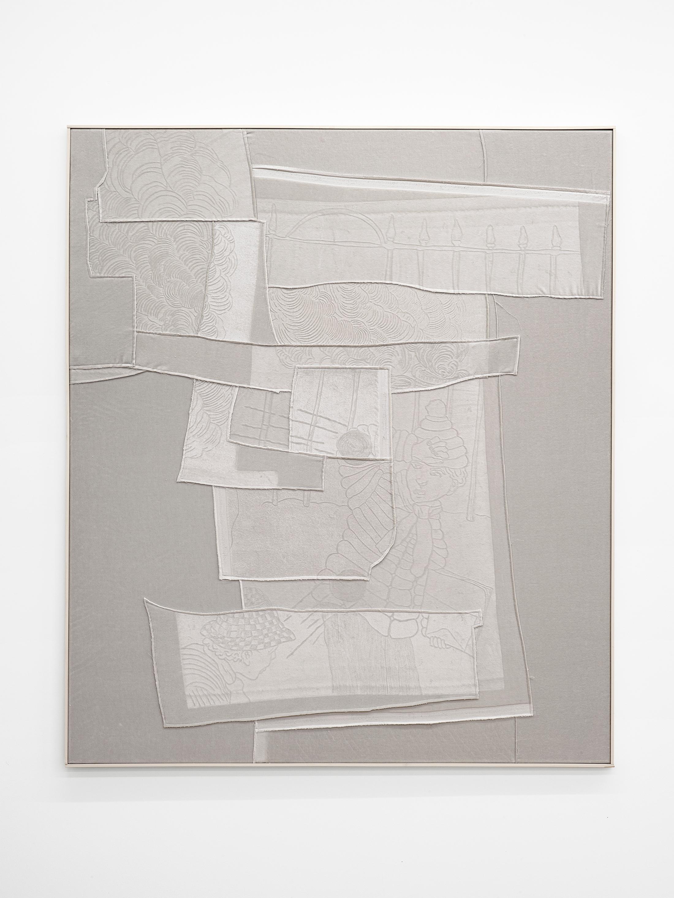 Exhibition View Solo Show Cédric Eisenring «Fäustling; view on Fäustling (grau), 2024, woodcut embossing on textile, wooden stretcher, wooden frame, 135 × 115 cm» at Kirchgasse Gallery, Steckborn, 2024 / Photo: Cedric Mussano / Courtesy: the artist and Kirchgasse Gallery