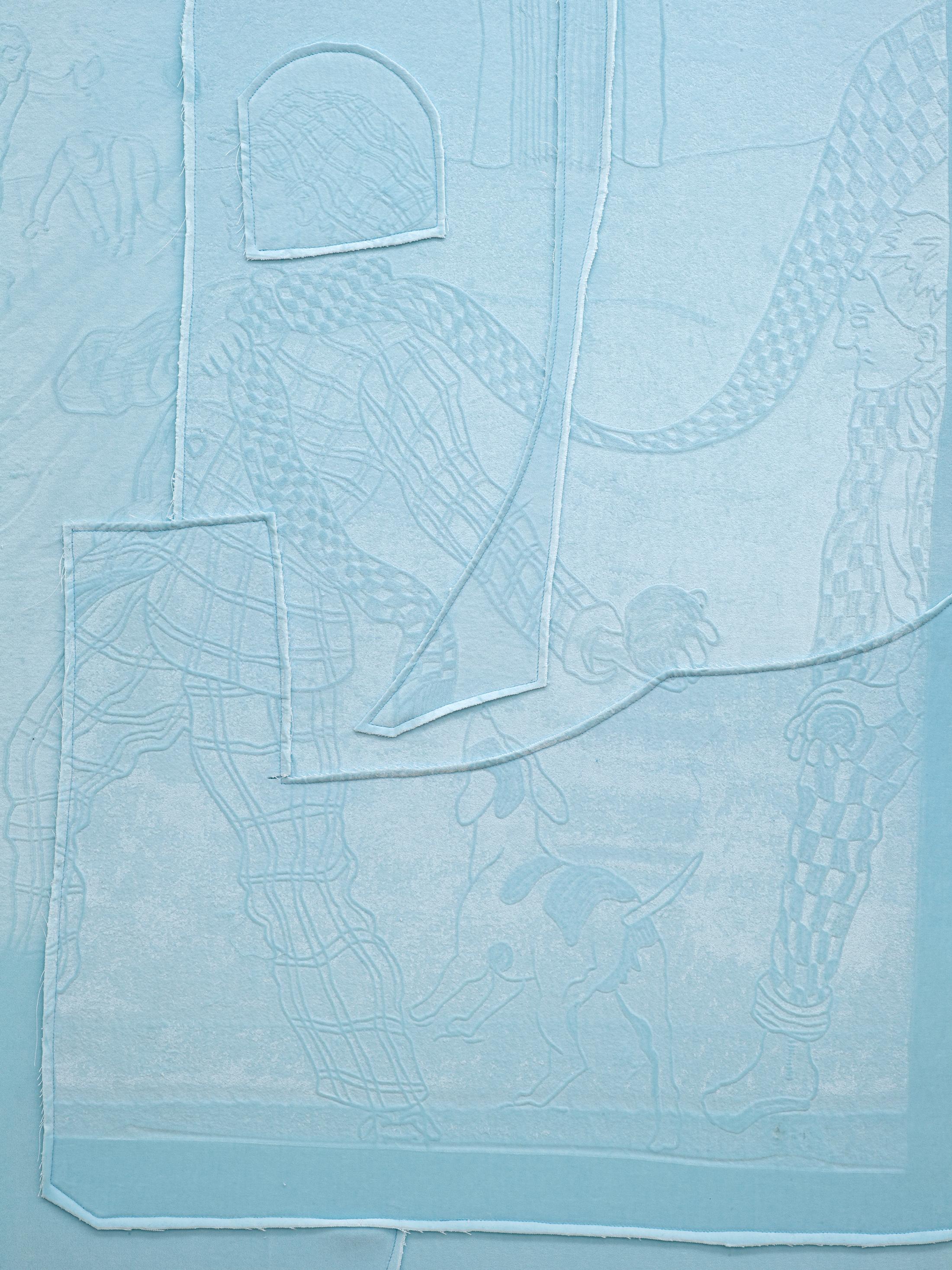 Exhibition View Solo Show Cédric Eisenring «Fäustling; view on Fäustling (blau), Detail, 2024, woodcut embossing on textile, wooden stretcher, wooden frame, 145 × 120 cm» at Kirchgasse Gallery, Steckborn, 2024 / Photo: Cedric Mussano / Courtesy: the artist and Kirchgasse Gallery