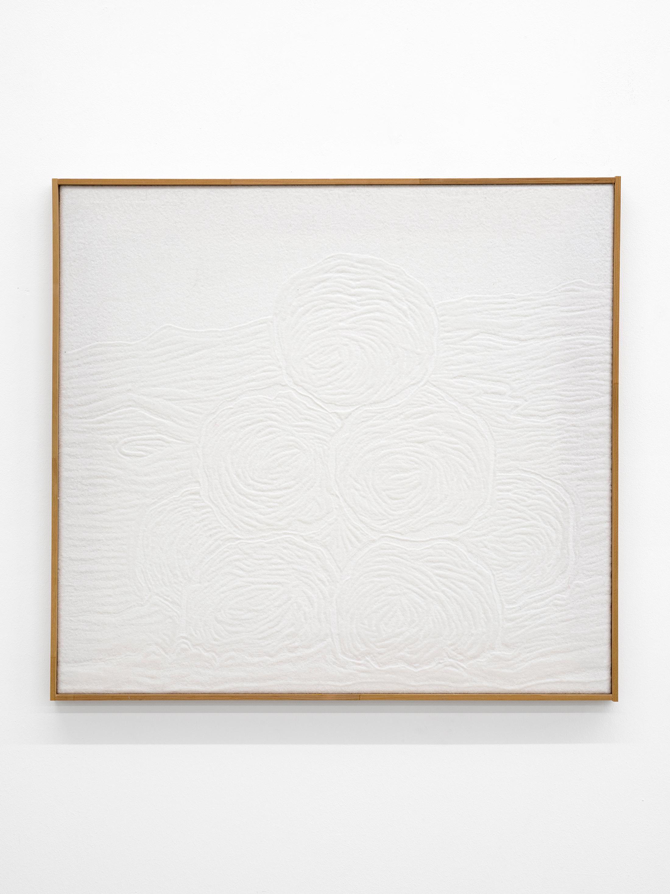 Exhibition View Solo Show Cédric Eisenring «Fäustling; view on Fäustling (weiss), 2024, woodcut embossing on textile, wooden stretcher, wooden frame, 40 × 50 cm» at Kirchgasse Gallery, Steckborn, 2024 / Photo: Cedric Mussano / Courtesy: the artist and Kirchgasse Gallery