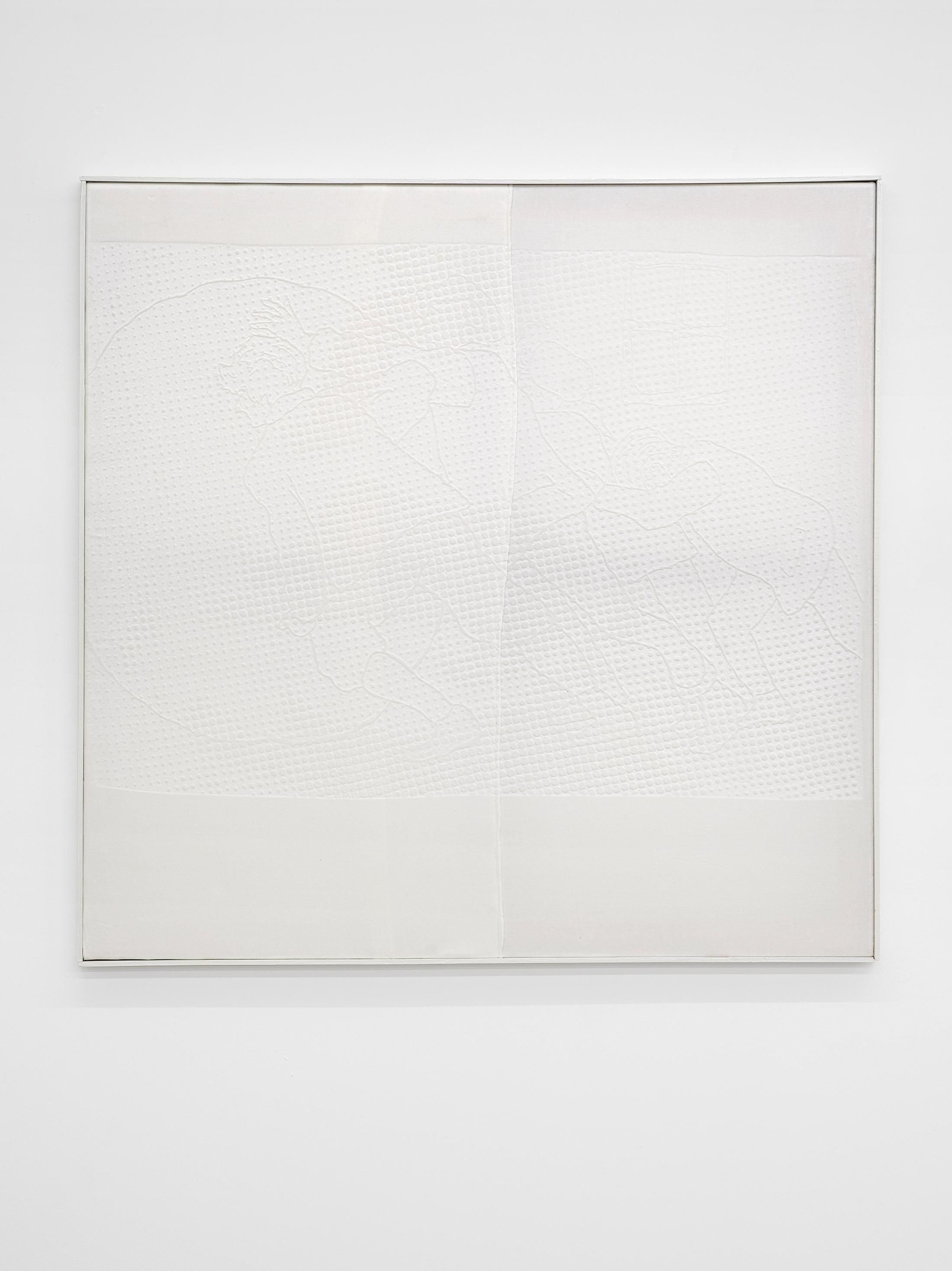 Exhibition View Solo Show Cédric Eisenring «Fäustling; view on Fäustling (weiss), 2024, woodcut embossing on textile, wooden stretcher, wooden frame, 100 × 102 cm» at Kirchgasse Gallery, Steckborn, 2024 / Photo: Cedric Mussano / Courtesy: the artist and Kirchgasse Gallery