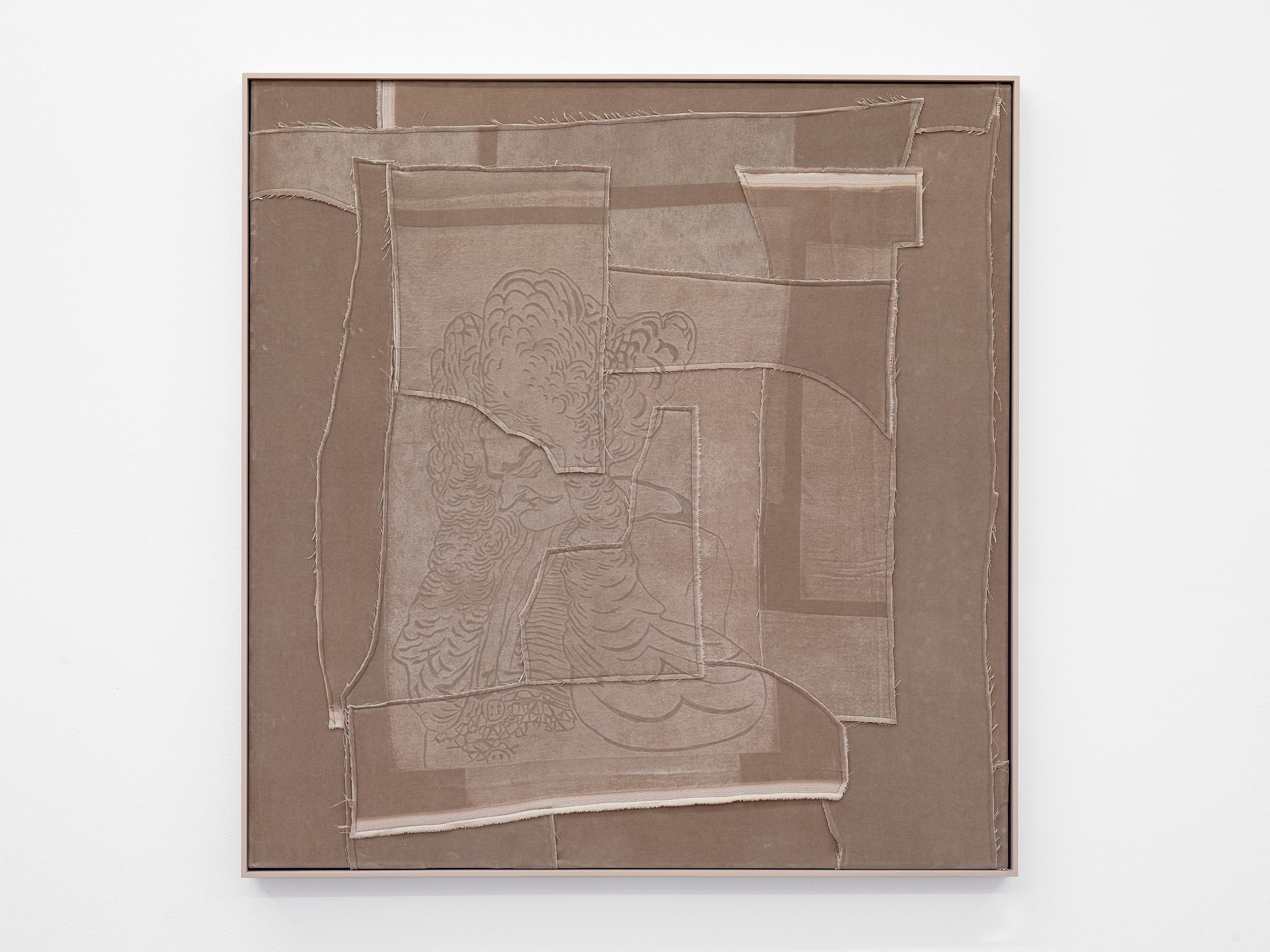 Exhibition View Solo Show Cédric Eisenring «Fäustling; view on Puder (beige), 2024, woodcut embossing on textile, wooden stretcher, wooden frame, 88 × 91 cm» at Kirchgasse Gallery, Steckborn, 2024 / Photo: Cedric Mussano / Courtesy: the artist and Kirchgasse Gallery