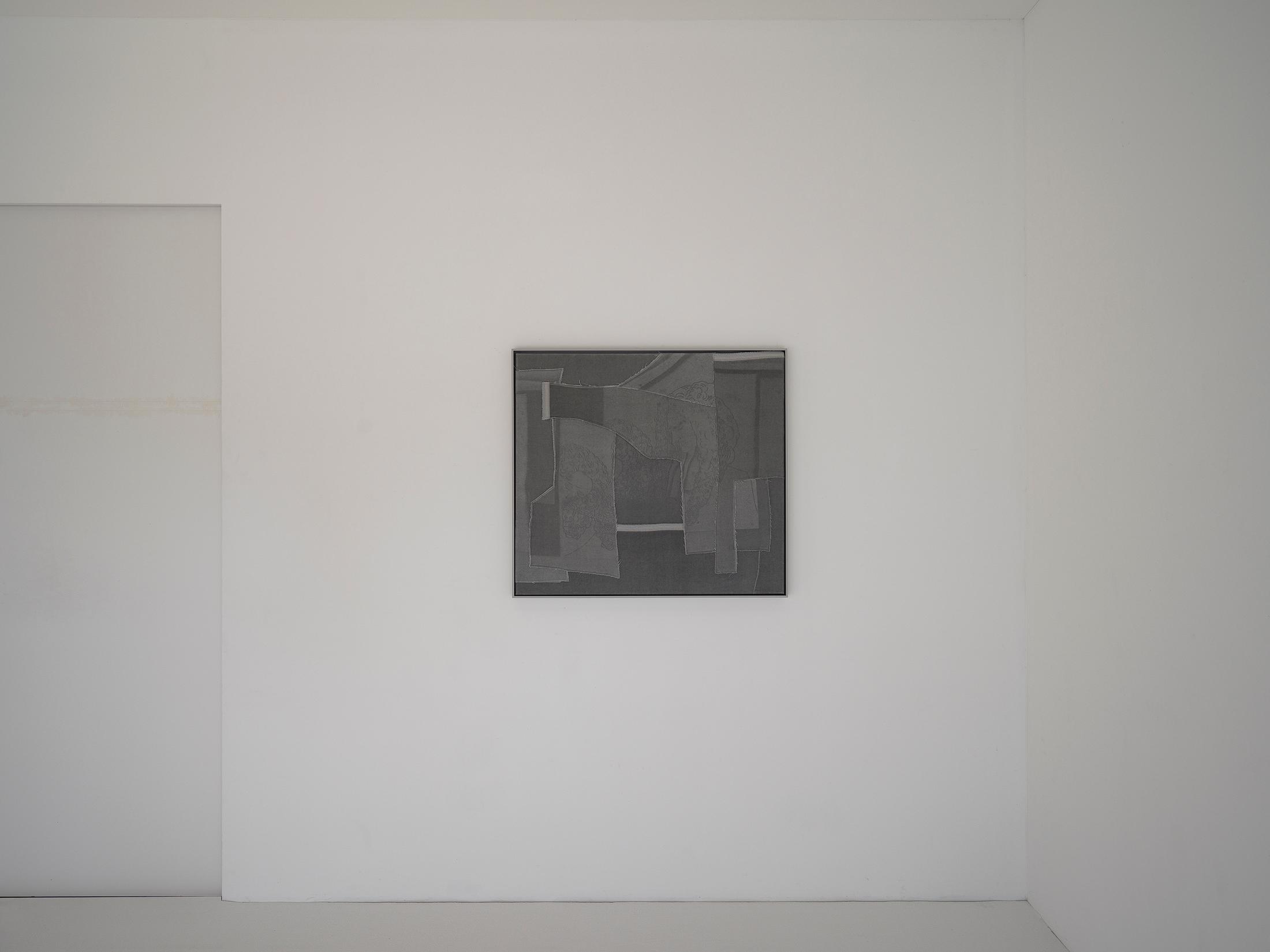 Exhibition View Solo Show Cédric Eisenring «Fäustling; view on Puder (grau), 2024, woodcut embossing on textile, wooden stretcher, wooden frame, 77.5 × 86.5 cm» at Kirchgasse Gallery, Steckborn, 2024 / Photo: Cedric Mussano / Courtesy: the artist and Kirchgasse Gallery