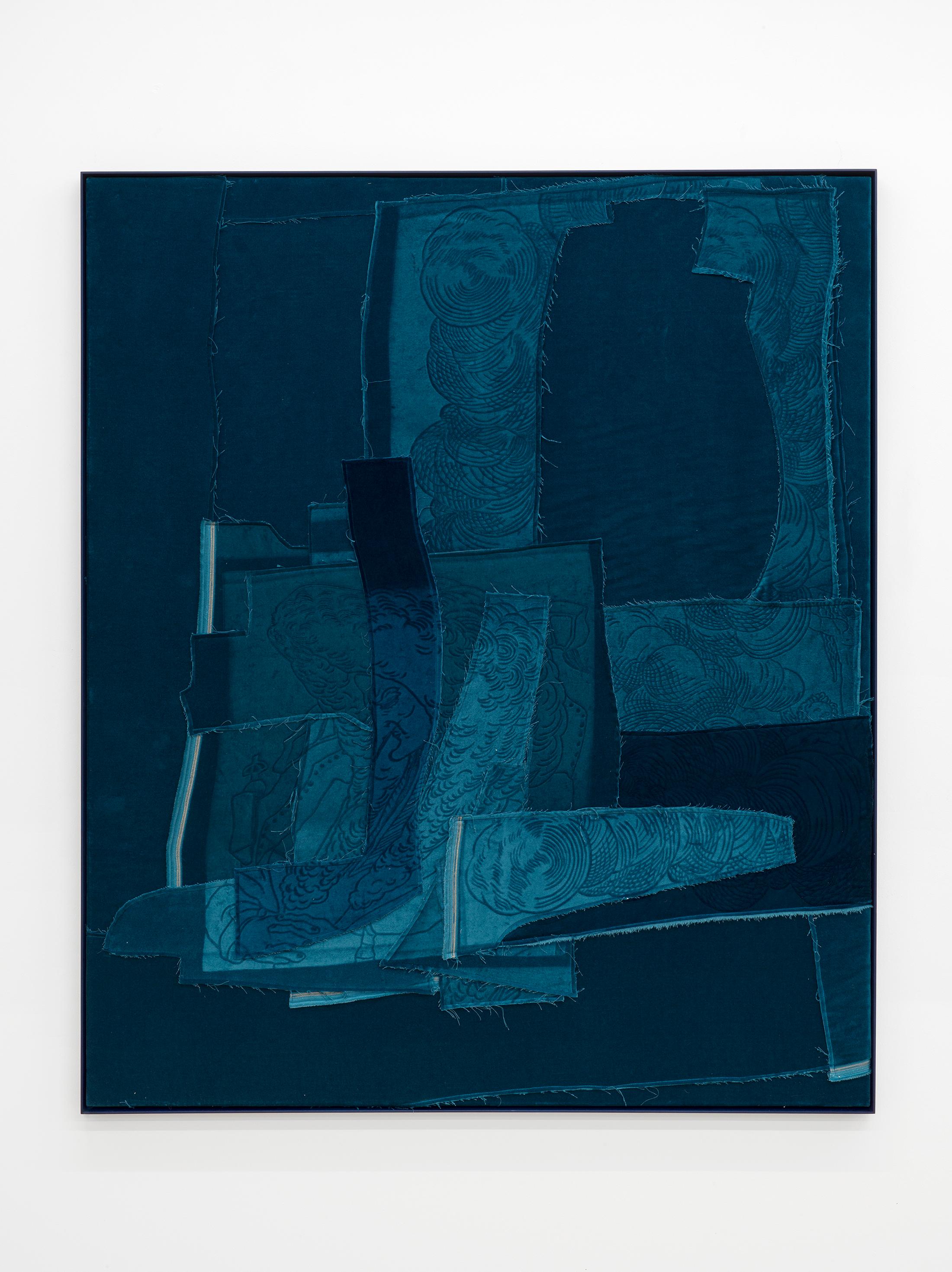 Exhibition View Solo Show Cédric Eisenring «Fäustling; view on Puder (blau), 2024, woodcut embossing on textile, wooden stretcher, wooden frame, 130 × 110 cm» at Kirchgasse Gallery, Steckborn, 2024 / Photo: Cedric Mussano / Courtesy: the artist and Kirchgasse Gallery