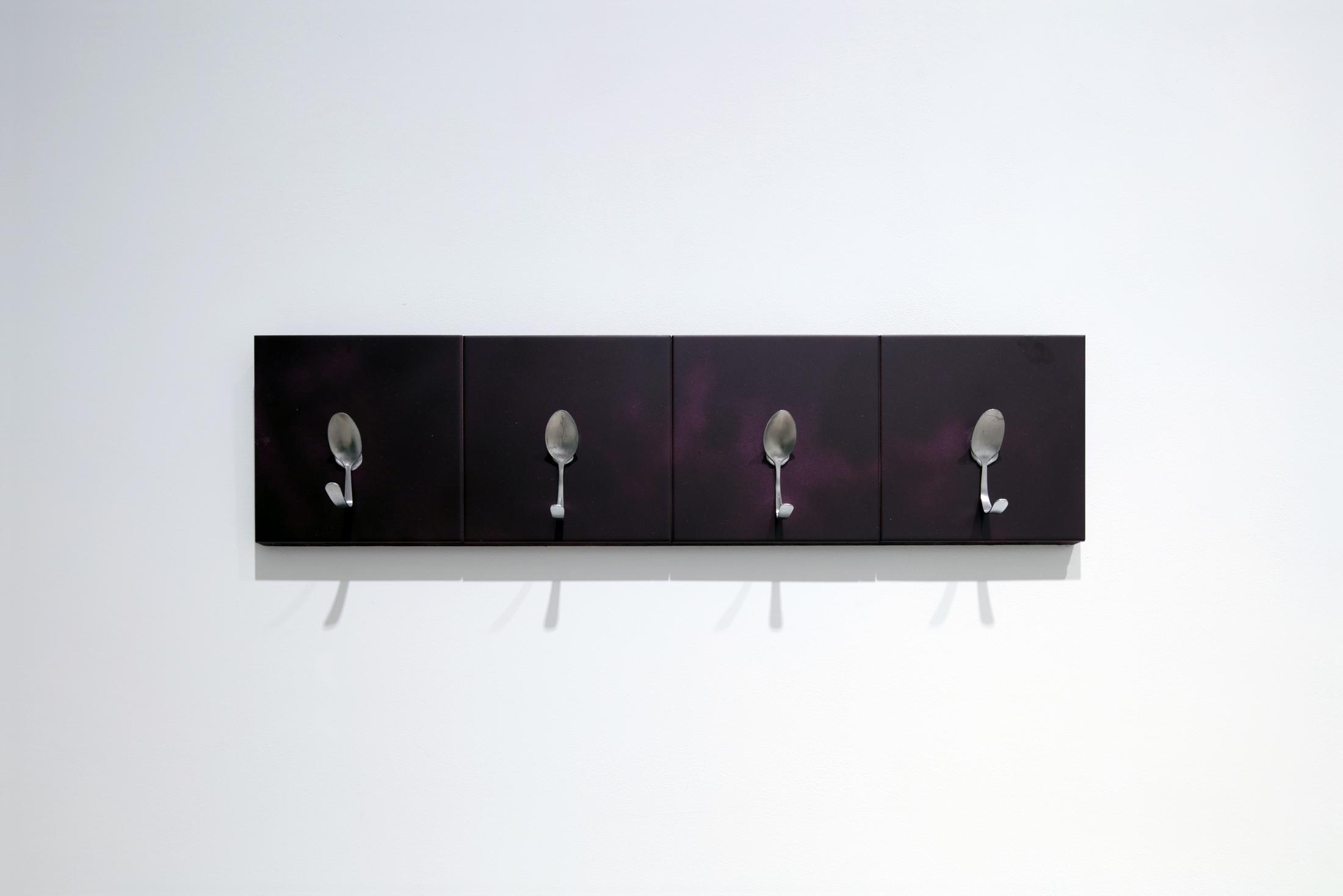 Exhibition View Debbie Alagen Solo Show «One reason to come brings many to stay; view on Debbie Alagen, Leave your anger outside 1, 2023, wood, ceramic tiles, acrylic, spoons, 20 x 79 cm» at Windhager von Kaenel, Zurich, 2023 / Courtesy: the artist and Windhager von Kaenel