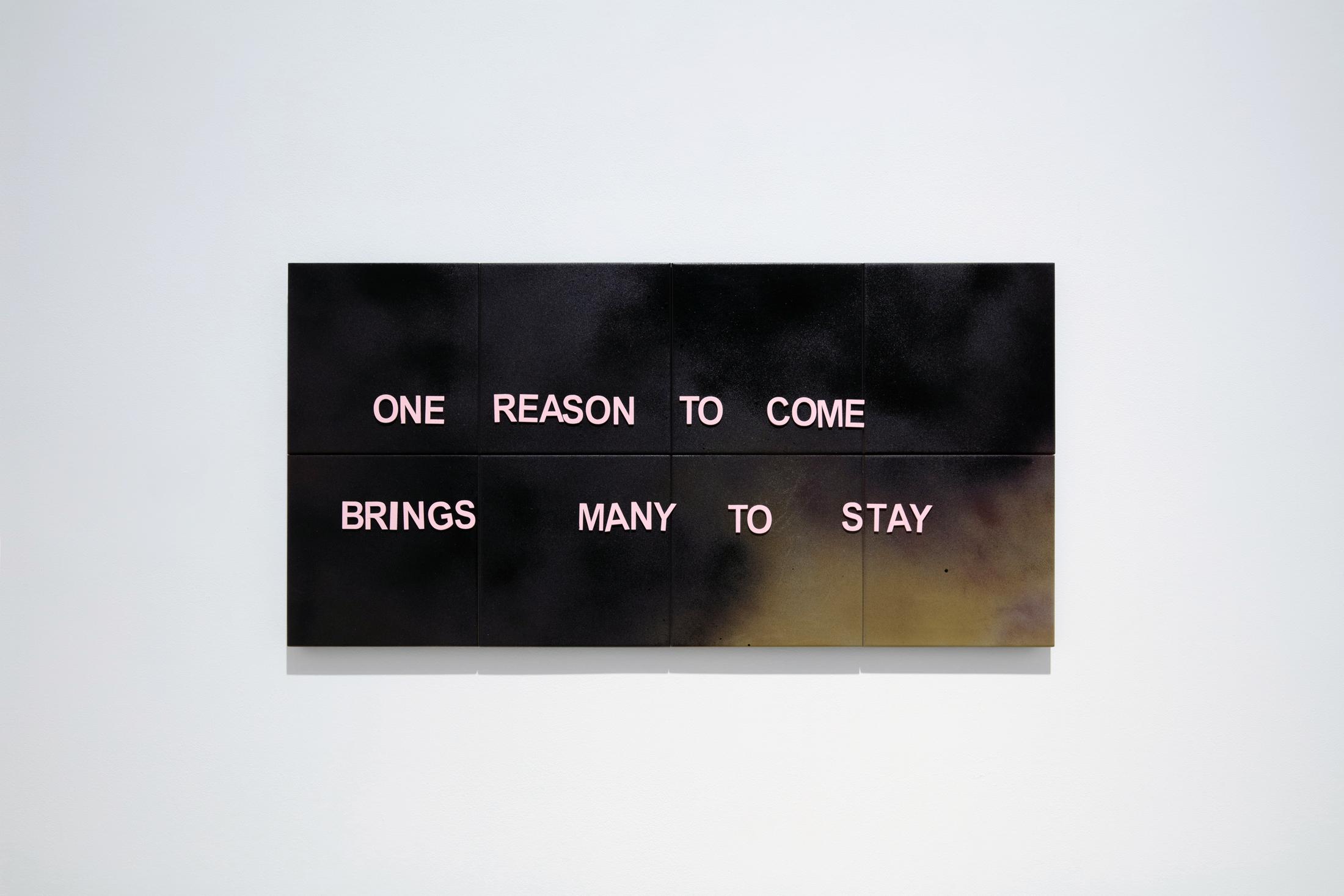 Exhibition View Debbie Alagen Solo Show «One reason to come brings many to stay; view on Debbie Alagen, One reason to come brings many to stay, 2023, wood, ceramic tiles, acrylic, 39.5 x 79.5 cm» at Windhager von Kaenel, Zurich, 2023 / Courtesy: the artist and Windhager von Kaenel