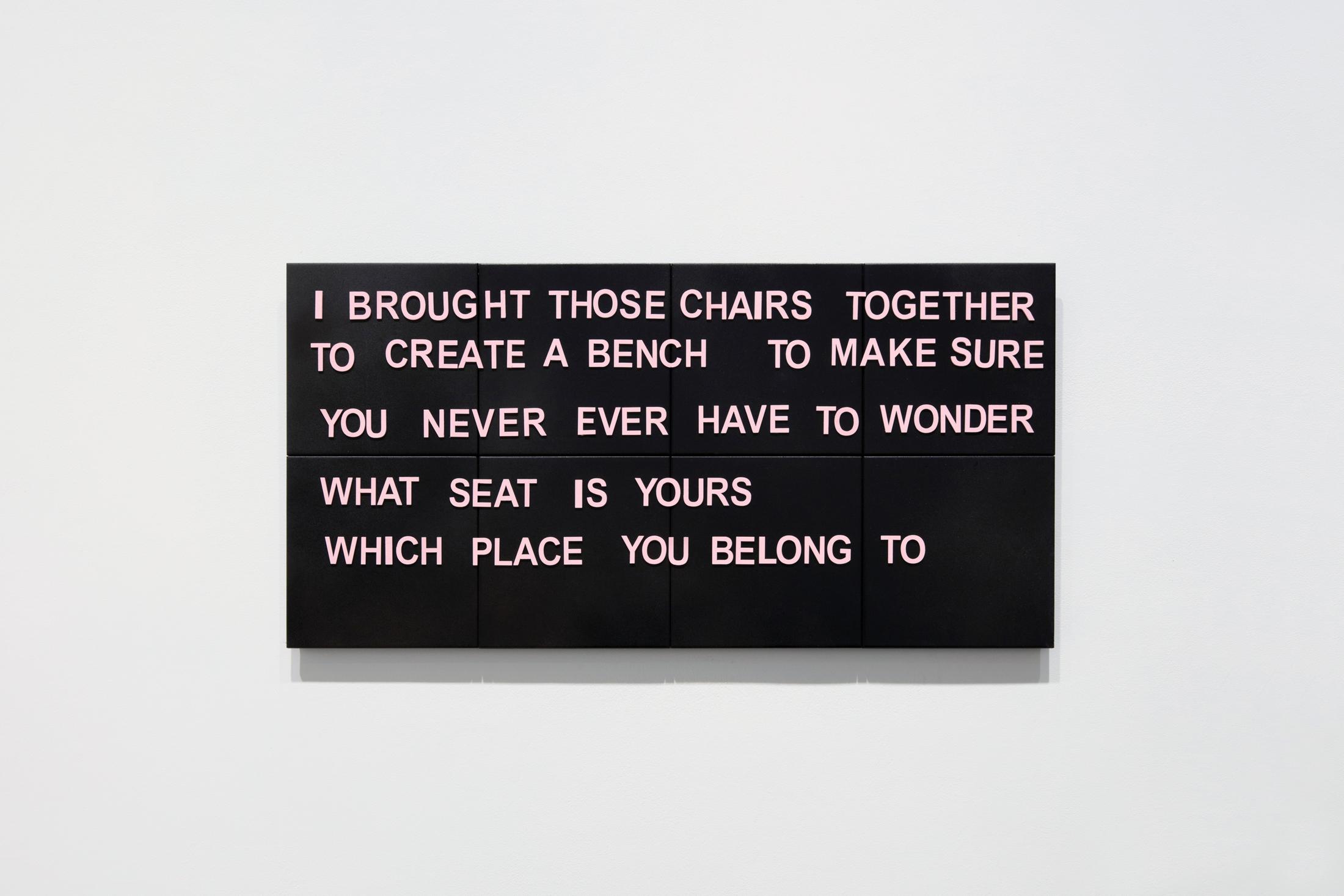 Exhibition View Debbie Alagen Solo Show «One reason to come brings many to stay; view on Debbie Alagen, Can I sit next to you, 2023, wood, ceramic tiles, acrylic, 39.5 x 79.5 cm» at Windhager von Kaenel, Zurich, 2023 / Courtesy: the artist and Windhager von Kaenel