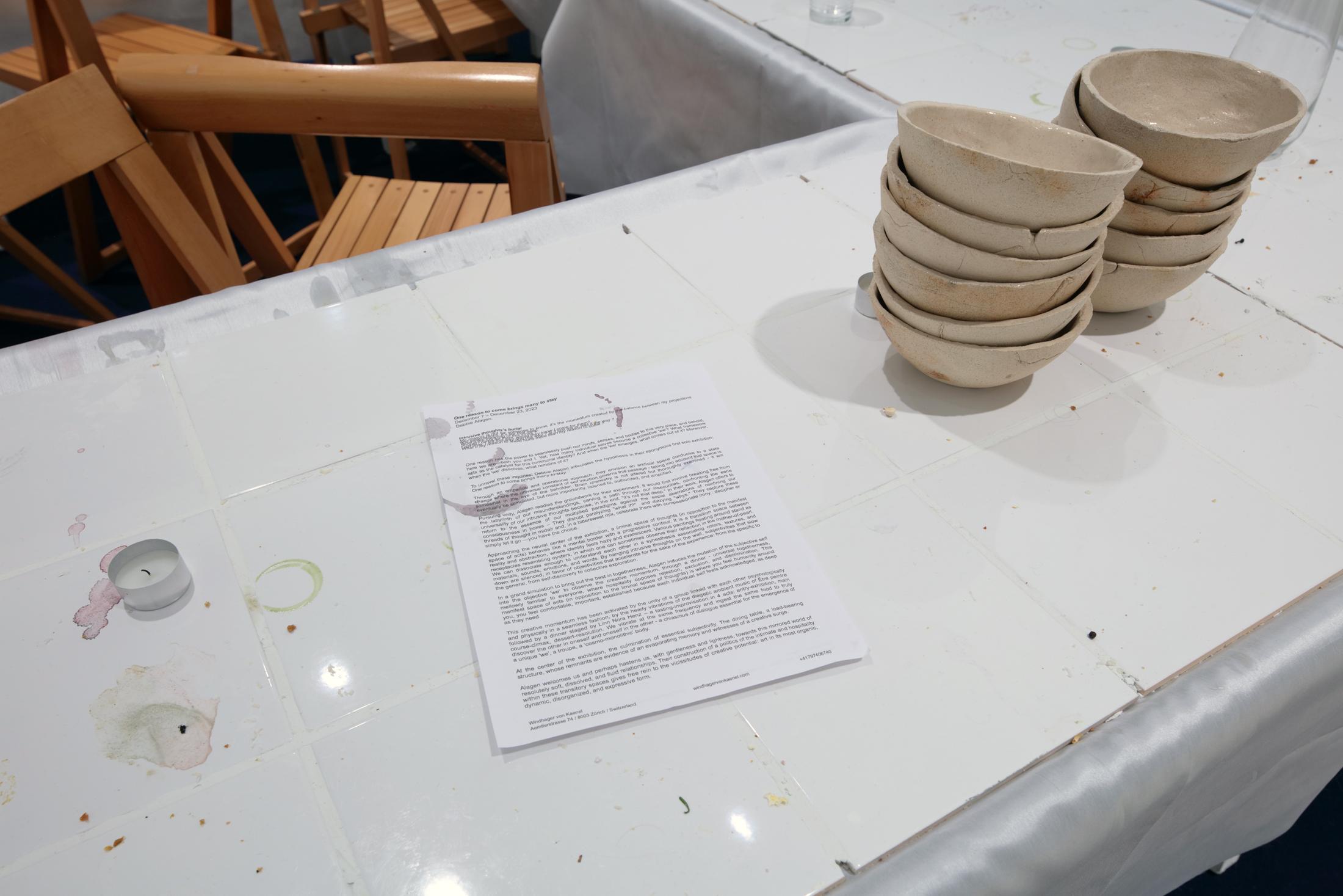 Exhibition View Debbie Alagen Solo Show «One reason to come brings many to stay; view on Debbie Alagen, Tales table (Detail), 2023, wood, ceramic tiles, foam tubes, synthetic fabric, dimension 350 x 350 x 72 cm» at Windhager von Kaenel, Zurich, 2023 / Courtesy: the artist and Windhager von Kaenel