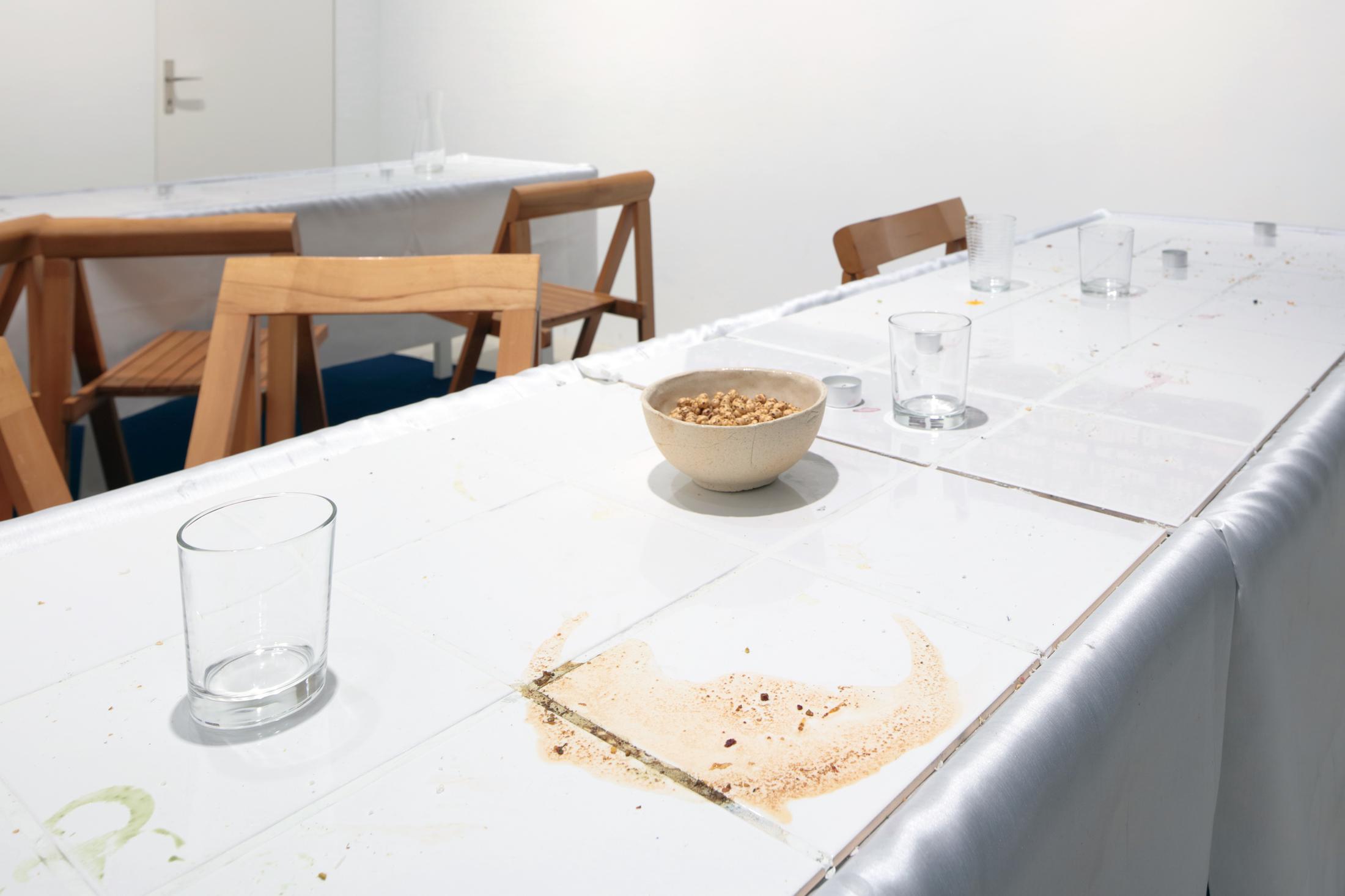 Exhibition View Debbie Alagen Solo Show «One reason to come brings many to stay; view on Debbie Alagen, Tales table (Detail), 2023, wood, ceramic tiles, foam tubes, synthetic fabric, dimension 350 x 350 x 72 cm» at Windhager von Kaenel, Zurich, 2023 / Courtesy: the artist and Windhager von Kaenel