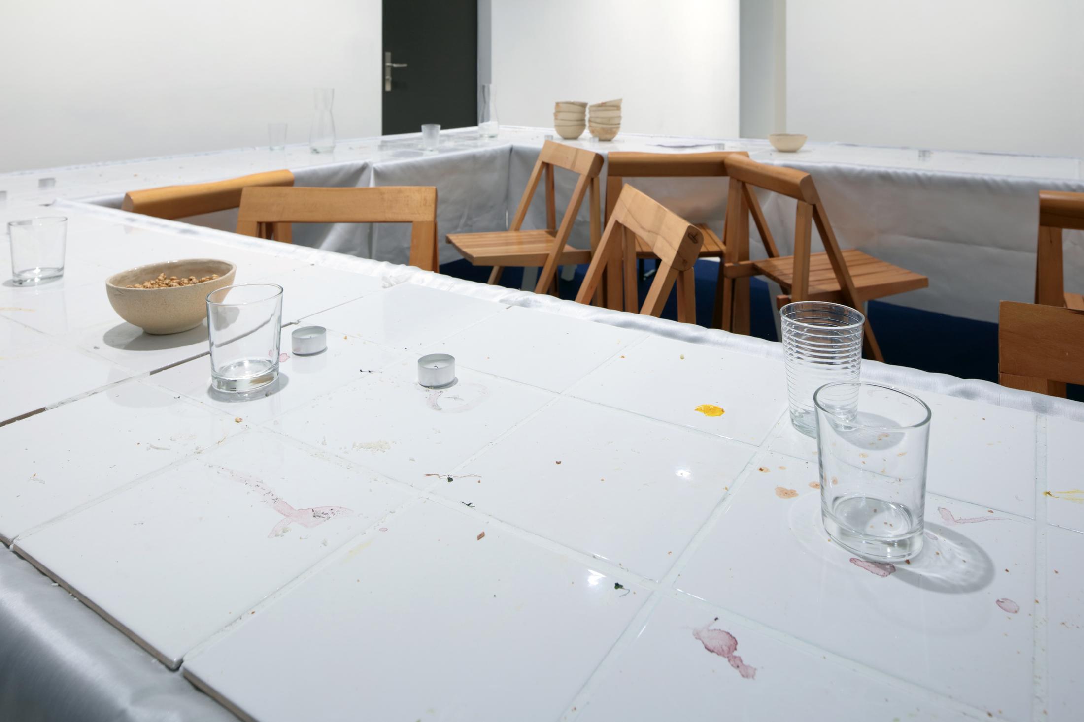 Exhibition View Debbie Alagen Solo Show «One reason to come brings many to stay; view on Debbie Alagen, Tales table (Detail), 2023, wood, ceramic tiles, foam tubes, synthetic fabric, dimension 350 x 350 x 72 cm» at Windhager von Kaenel, Zurich, 2023 / Courtesy: the artist and Windhager von Kaenel