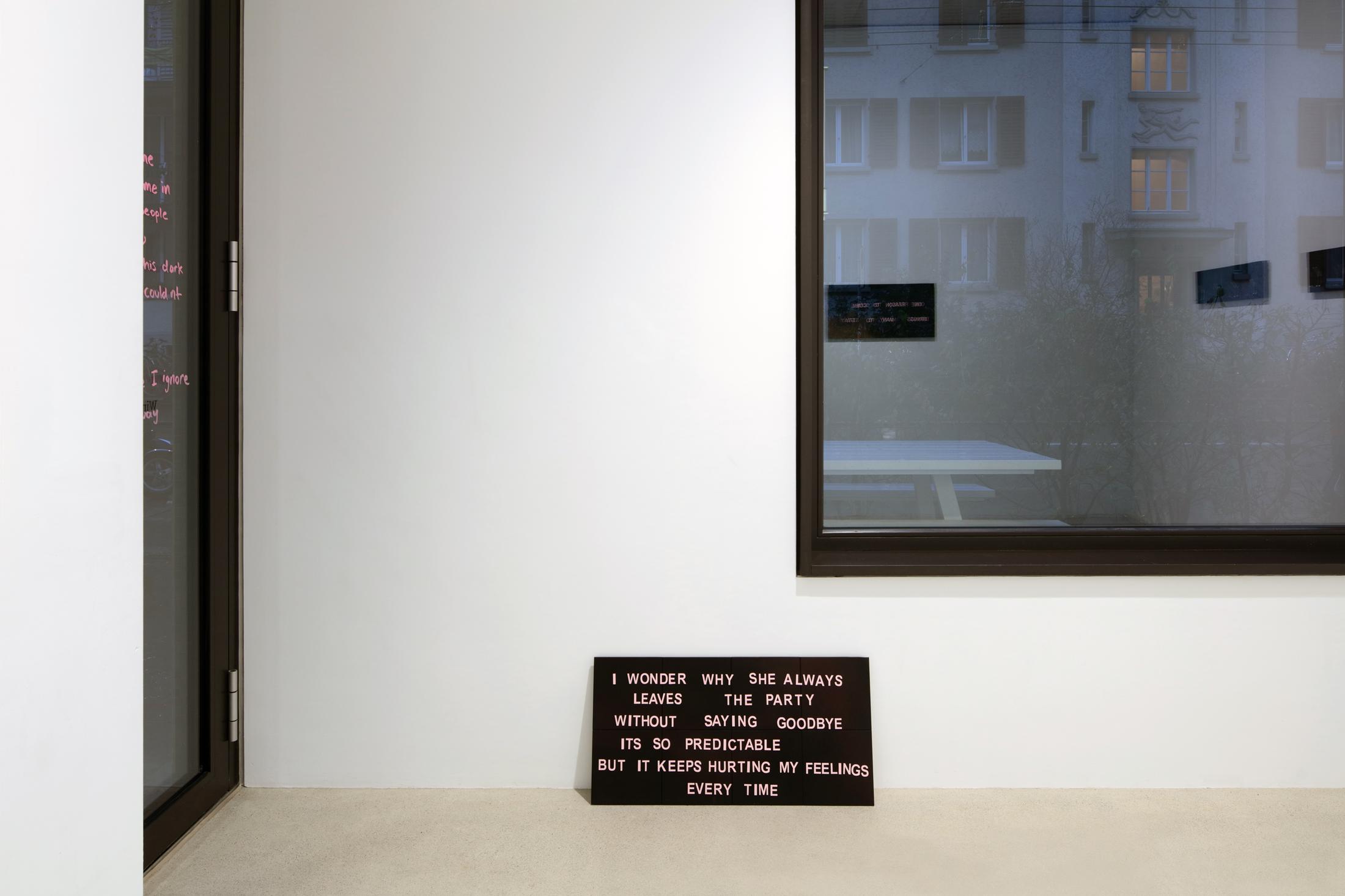 Exhibition View Debbie Alagen Solo Show «One reason to come brings many to stay; view on Debbie Alagen, Missis miss, 2023, wood, ceramic tiles, acrylic, 39.5 x 79.5 cm» at Windhager von Kaenel, Zurich, 2023 / Courtesy: the artist and Windhager von Kaenel