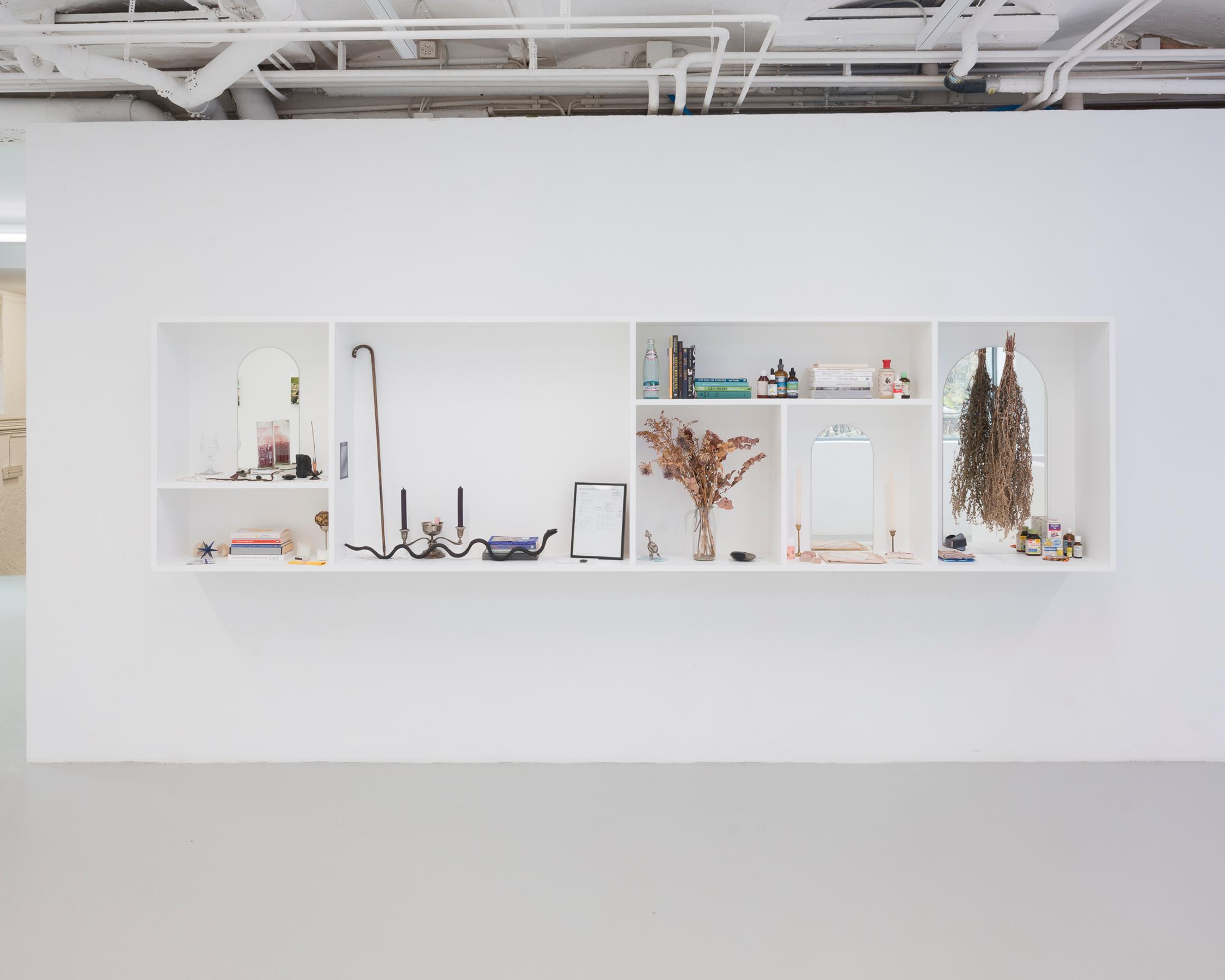 Exhibition View Group Show «Désorde sacré; view on Lauryn Youden, To Offer You something, To Bring Relief, 2020, various material» at CAN, Centre d'art Neuchâtel, Neuchâtel, 2025 / Photo: Sebastian Verdon / Courtesy: the artists