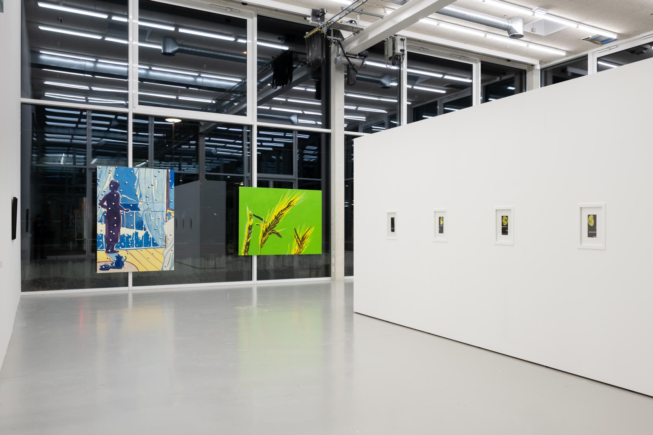 Exhibition View Solo Show Diogo Pinto «Cherrypickers ; view on Gérard Ifert, Geheimnisvoller Mond / 1–6, detail, 1952, Series of 6 brochures, letterpress, 21 x 10 cm», der TANK, Institute Art Gender Nature HGK Basel FHNW, Basel, 2024 / Photo: Finn Curry / Courtesy: Novartis Company Archives, Basel