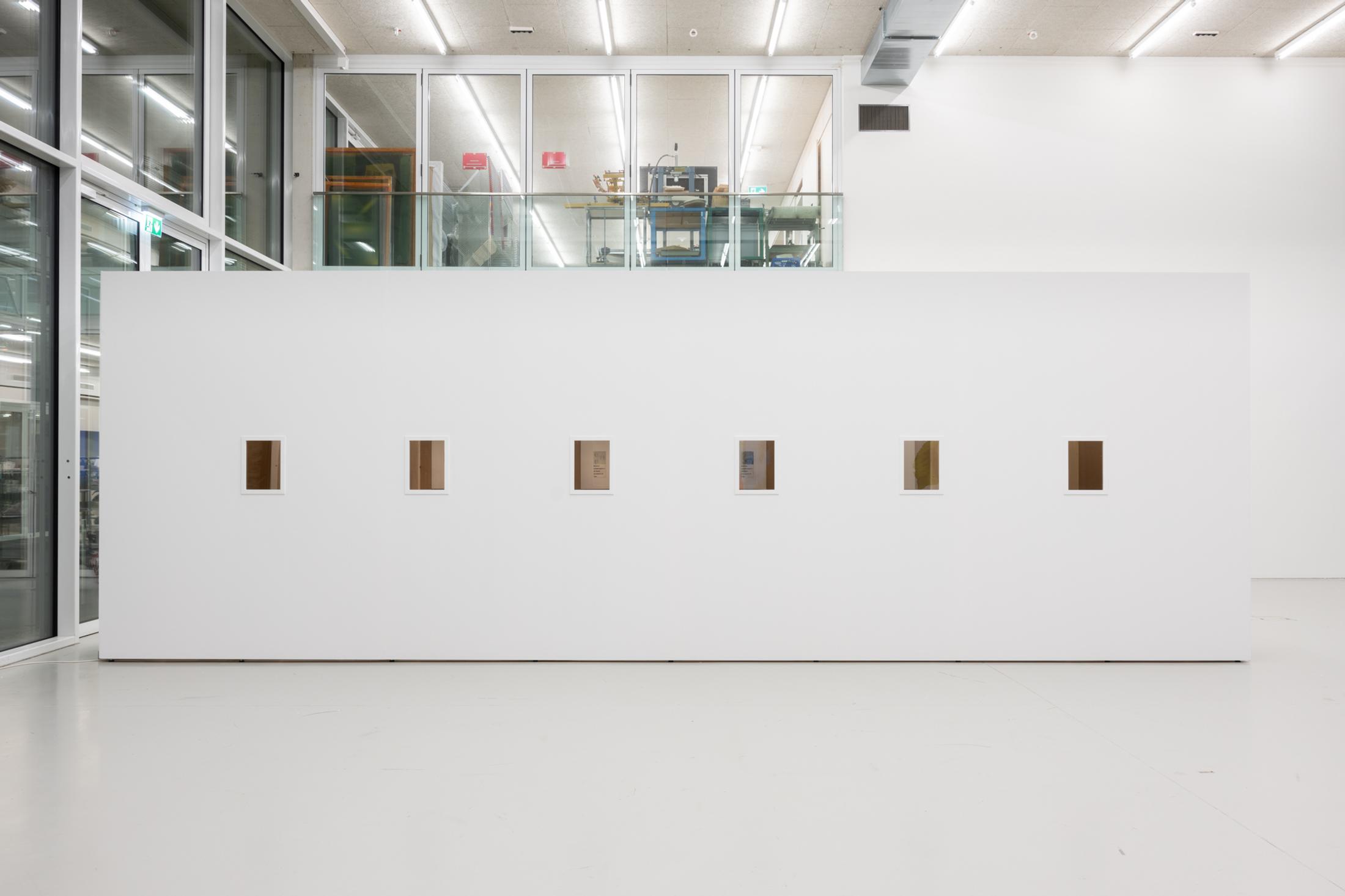 Exhibition View Solo Show Diogo Pinto «Cherrypickers ; view on Gérard Ifert, Geheimnisvoller Mond / 1–6, detail, 1952, Series of 6 brochures, letterpress, 21 x 10 cm», der TANK, Institute Art Gender Nature HGK Basel FHNW, Basel, 2024 / Photo: Finn Curry / Courtesy: Novartis Company Archives, Basel