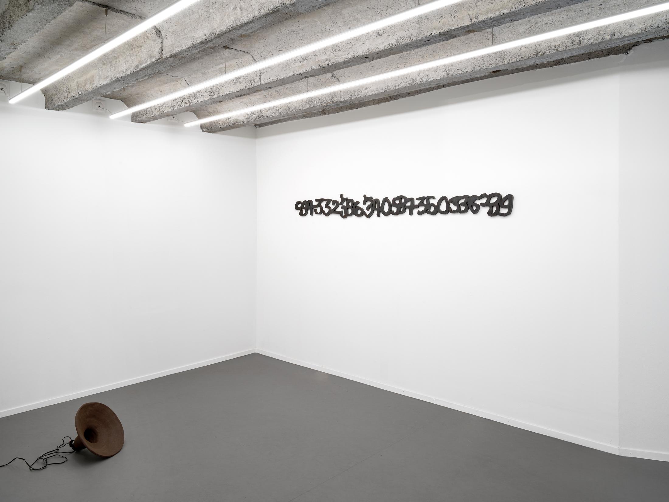 Exhibition View Solo Show donna Kukama «in living memory...; view on Chapter O: ...,_.,2022–2024 (a page from ‘Chapter C: The Genealogy of Pain’), 2016–2024» at Galerie Tschudi, Zurich, 2024 / Photo: Cedric Mussano / Courtesy: the artist and Galerie Tschudi