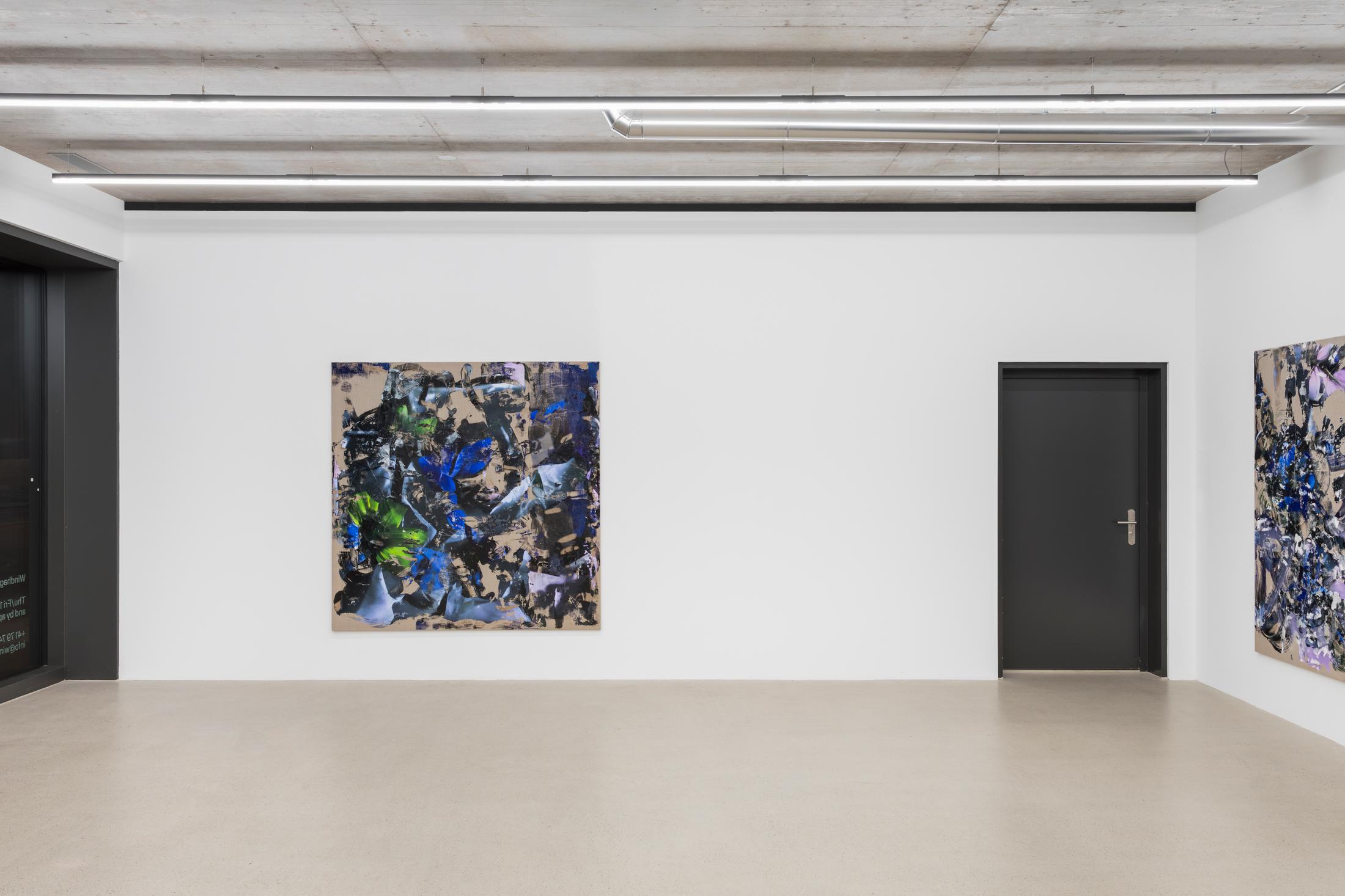 Installation View Joint Exhibition Dorota Gawęda and Eglė Kulbokaitė, David Moser «Shared Location» at Windhager von Kaenel, Zug, 2024 / Photo: Oliver Kümmerli / Courtesy: the artists and Windhager von Kaenel