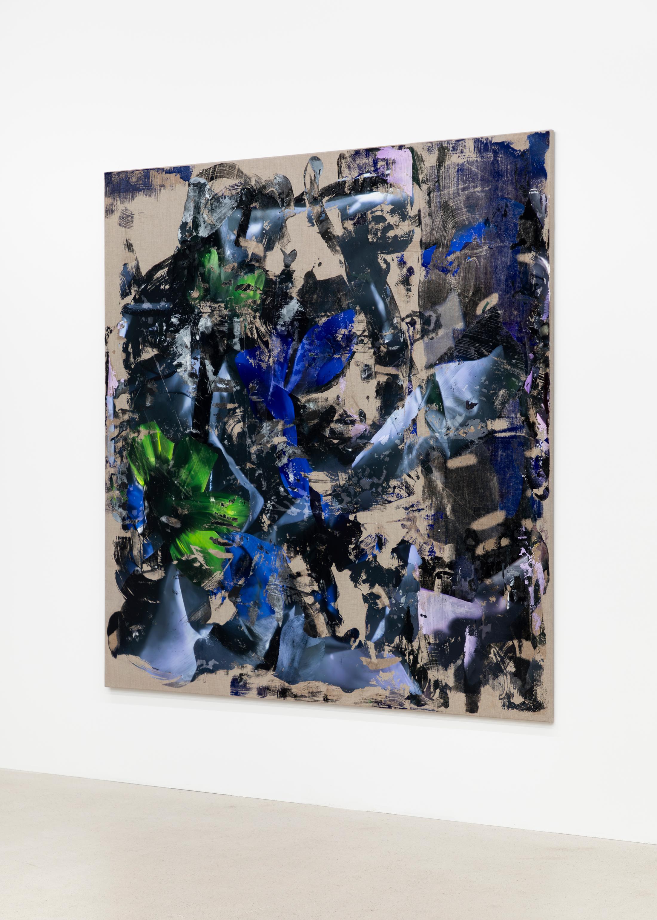 Installation View Joint Exhibition Dorota Gawęda and Eglė Kulbokaitė, David Moser «Shared Location; view on Dorota Gawęda and Eglė Kulbokaitė, Grafted Landscapes (9471f1163088c808c375fa20d9c1), 2024, Gesso and digital ink transfer onto raw linen canvas, 180 x 180 x 2cm» at Windhager von Kaenel, Zug, 2024 / Photo: Oliver Kümmerli / Courtesy: the artists and Windhager von Kaenel