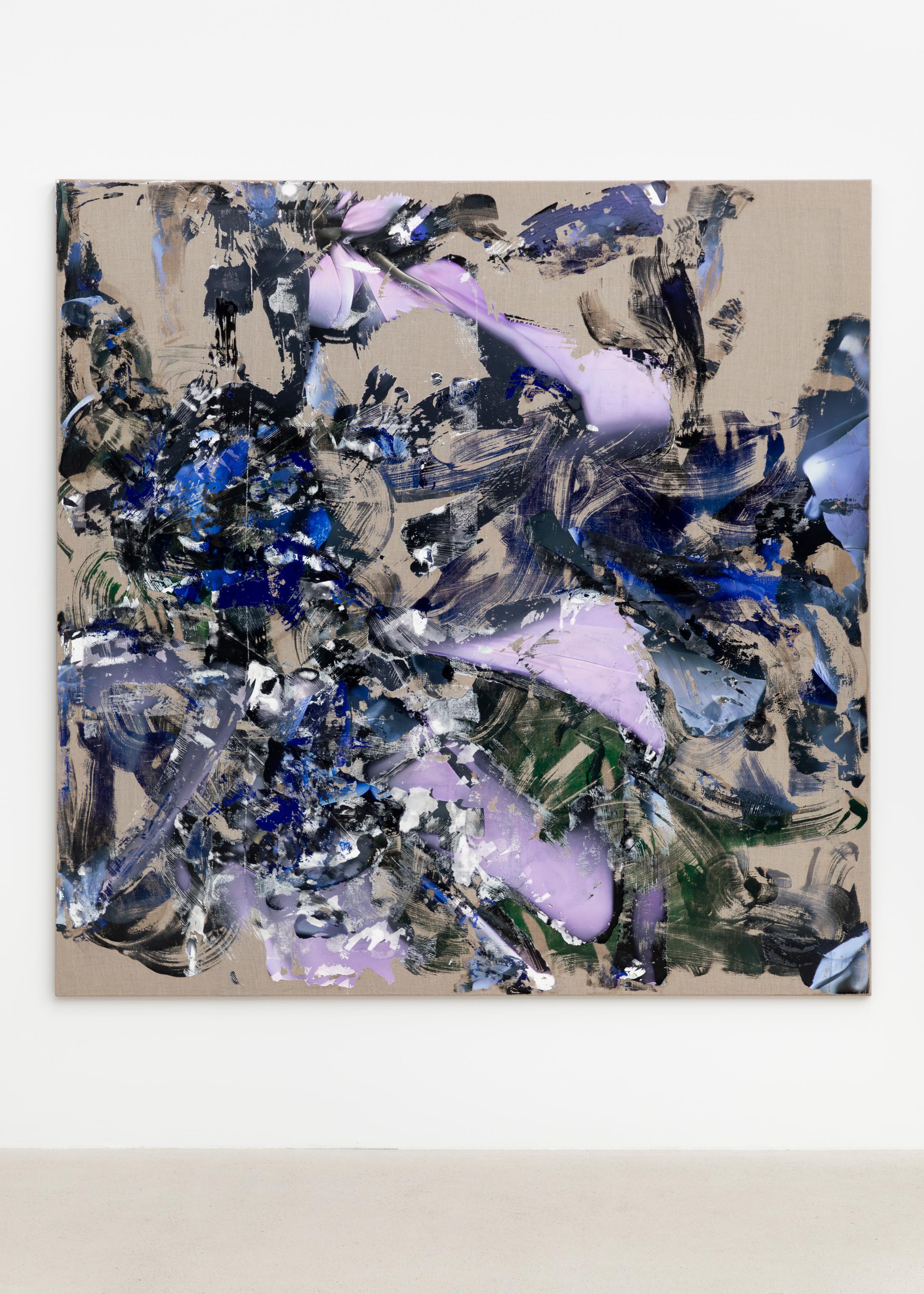 Installation View Joint Exhibition Dorota Gawęda and Eglė Kulbokaitė, David Moser «Shared Location; view on Dorota Gawęda and Eglė Kulbokaitė, Grafted Landscapes Grafted Landscapes (b563304ac836a78128f5022f5864), 2024, Gesso and digital ink transfer onto raw linen canvas, 180 x 180 x 2cm» at Windhager von Kaenel, Zug, 2024 / Photo: Oliver Kümmerli / Courtesy: the artists and Windhager von Kaenel