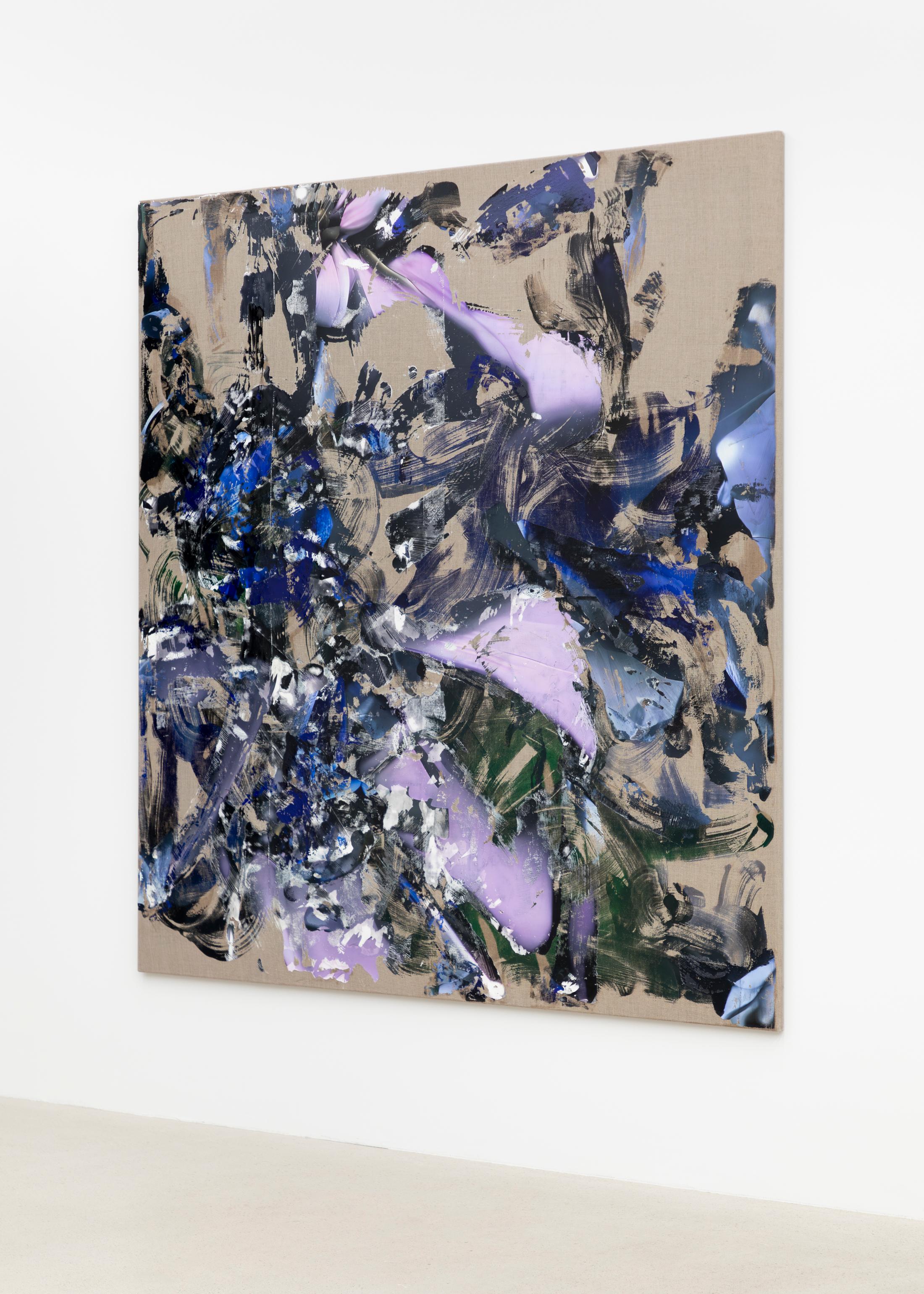 Installation View Joint Exhibition Dorota Gawęda and Eglė Kulbokaitė, David Moser «Shared Location; view on Dorota Gawęda and Eglė Kulbokaitė, Grafted Landscapes Grafted Landscapes (b563304ac836a78128f5022f5864), 2024, Gesso and digital ink transfer onto raw linen canvas, 180 x 180 x 2cm» at Windhager von Kaenel, Zug, 2024 / Photo: Oliver Kümmerli / Courtesy: the artists and Windhager von Kaenel