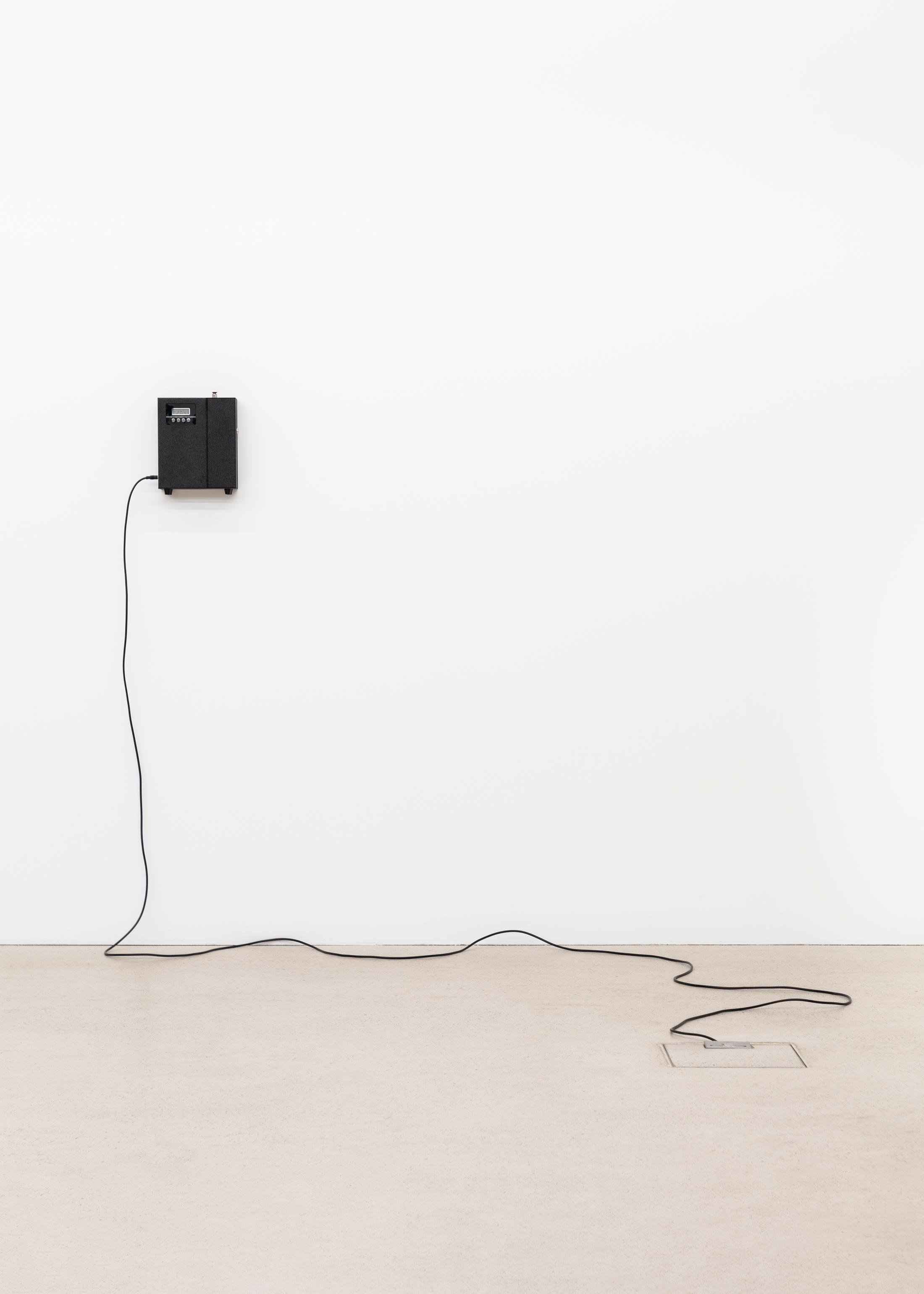 Installation View Joint Exhibition Dorota Gawęda and Eglė Kulbokaitė, David Moser «Shared Location; view on Dorota Gawęda and Eglė Kulbokaitė, Non-place, 2024, Industrial aroma diffuser mechanism, powder-coated stainless steel, BODY AI fragrance, » at Windhager von Kaenel, Zug, 2024 / Photo: Oliver Kümmerli / Courtesy: the artists and Windhager von Kaenel