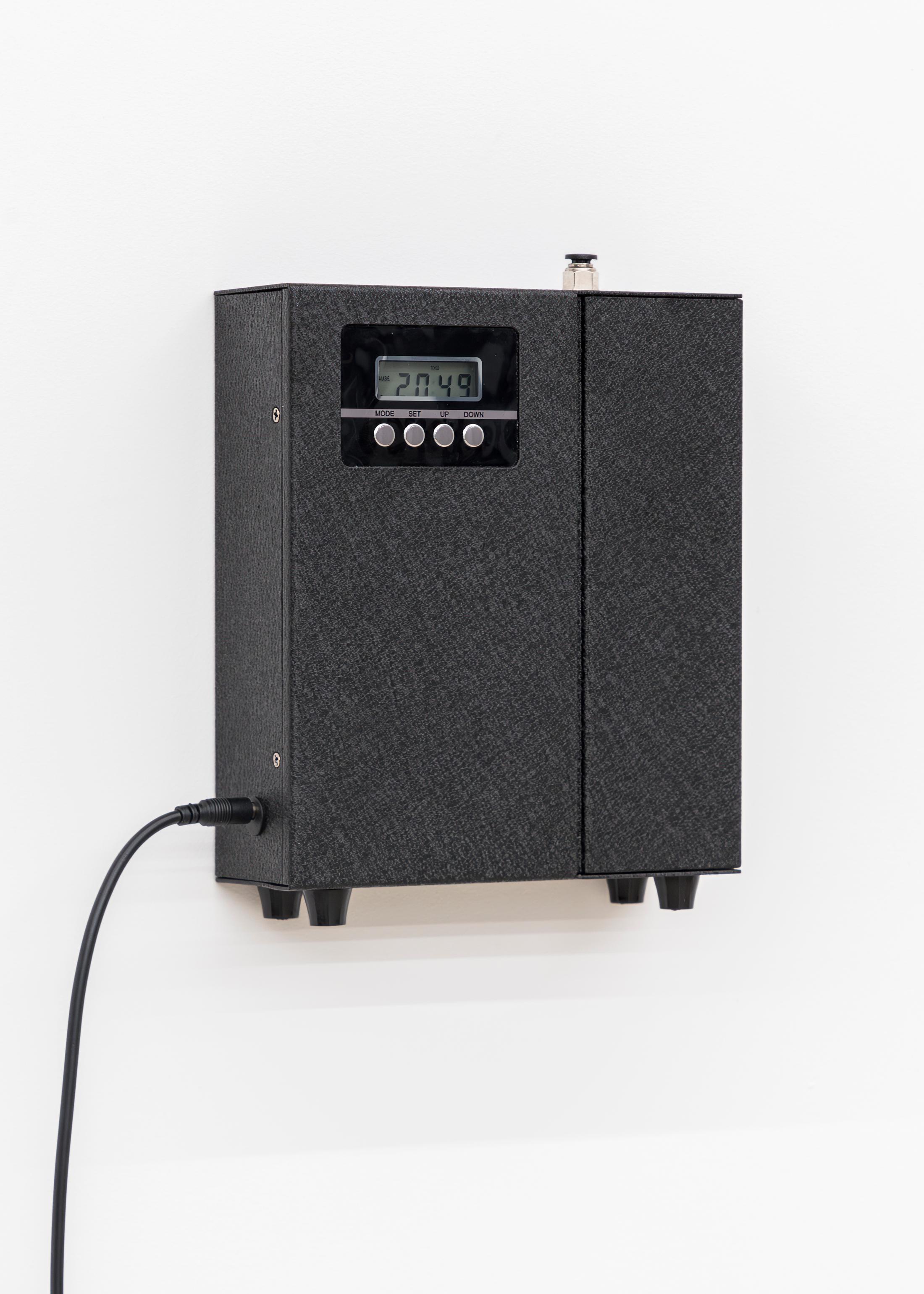 Installation View Joint Exhibition Dorota Gawęda and Eglė Kulbokaitė, David Moser «Shared Location; view on Dorota Gawęda and Eglė Kulbokaitė, Non-place, 2024, Industrial aroma diffuser mechanism, powder-coated stainless steel, BODY AI fragrance, » at Windhager von Kaenel, Zug, 2024 / Photo: Oliver Kümmerli / Courtesy: the artists and Windhager von Kaenel