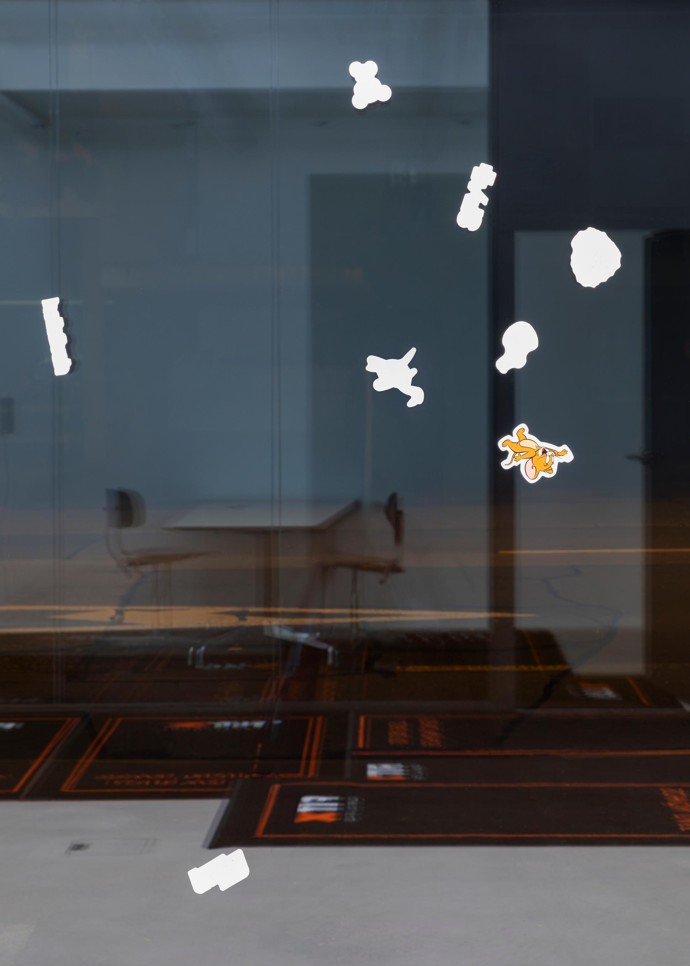 Installation View Joint Exhibition Dorota Gawęda and Eglė Kulbokaitė, David Moser «Shared Location; view on David Moser, Intervention-Piece, 2024, Stickers, wite-out solution (tipp-ex), Dimension variable» at Windhager von Kaenel, Zug, 2024 / Photo: Oliver Kümmerli / Courtesy: the artists and Windhager von Kaenel