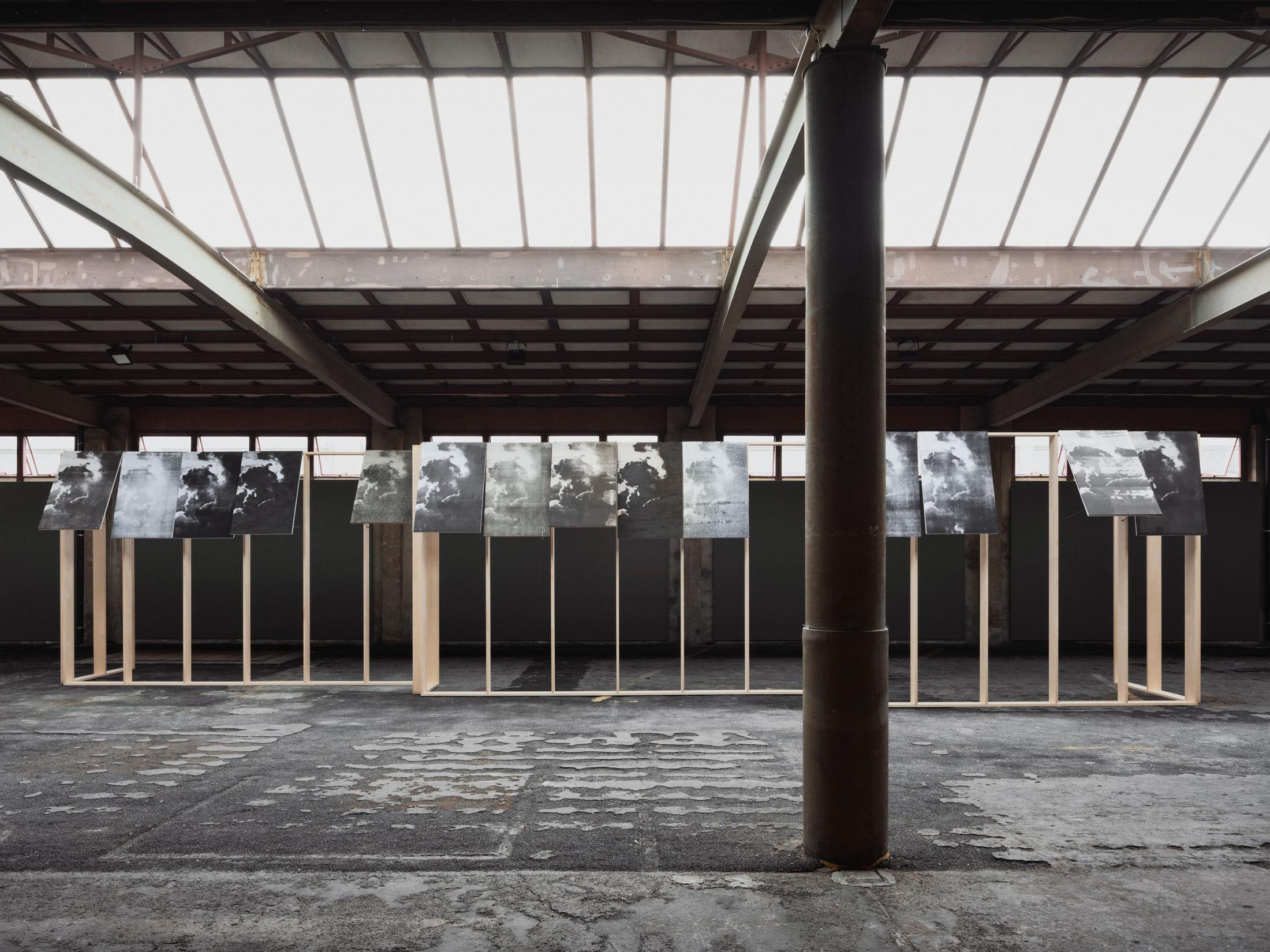 Exhibition View Solo Show Edit Oderbolz «I Have No Roots in This Life; view on Edit Oderbolz, WolkeWolke, 2024, Wood, fabric, metal, Dimensions variable» at Kunsthalle Arbon, Arbon, 2024 / Photo: Ladina Bischof / Courtesy: The artist and Kunsthalle Arbon